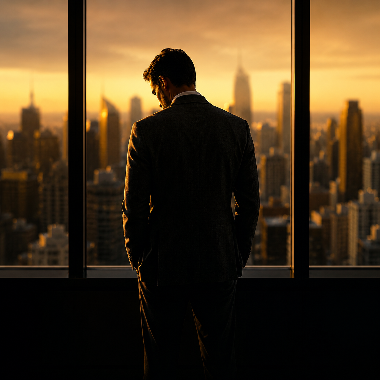 Photorealistic editorial magazine cover photograph: a lone entrepreneur in a crisp dark blazer stands centered at a floor-to-ceiling window at golden hour, city skyline behind him, warm tungsten rim l