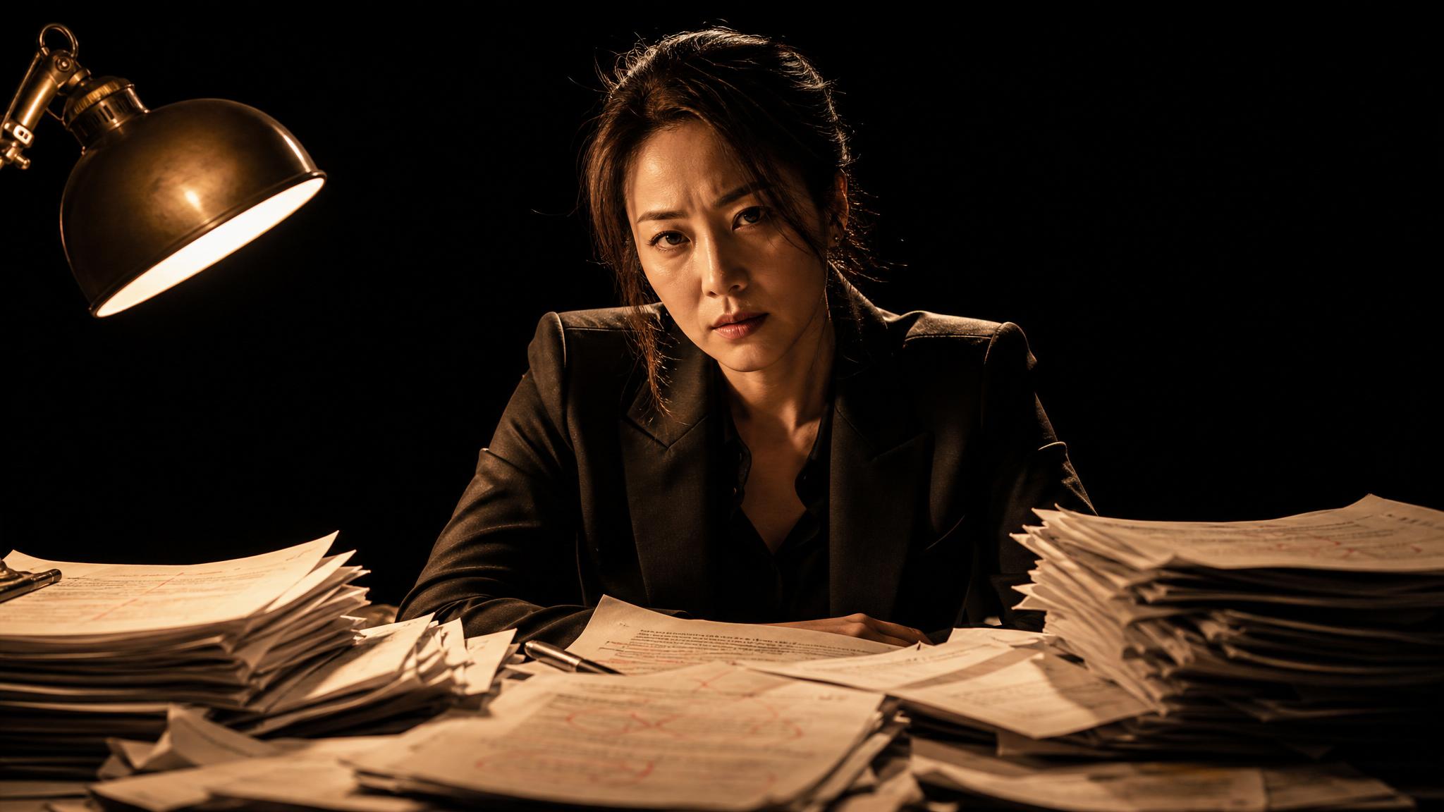 Photorealistic editorial magazine cover photograph: a Korean woman in her 30s, sharp blazer, seated alone at a cluttered desk buried under stacked printed content briefs and red-marked drafts, single