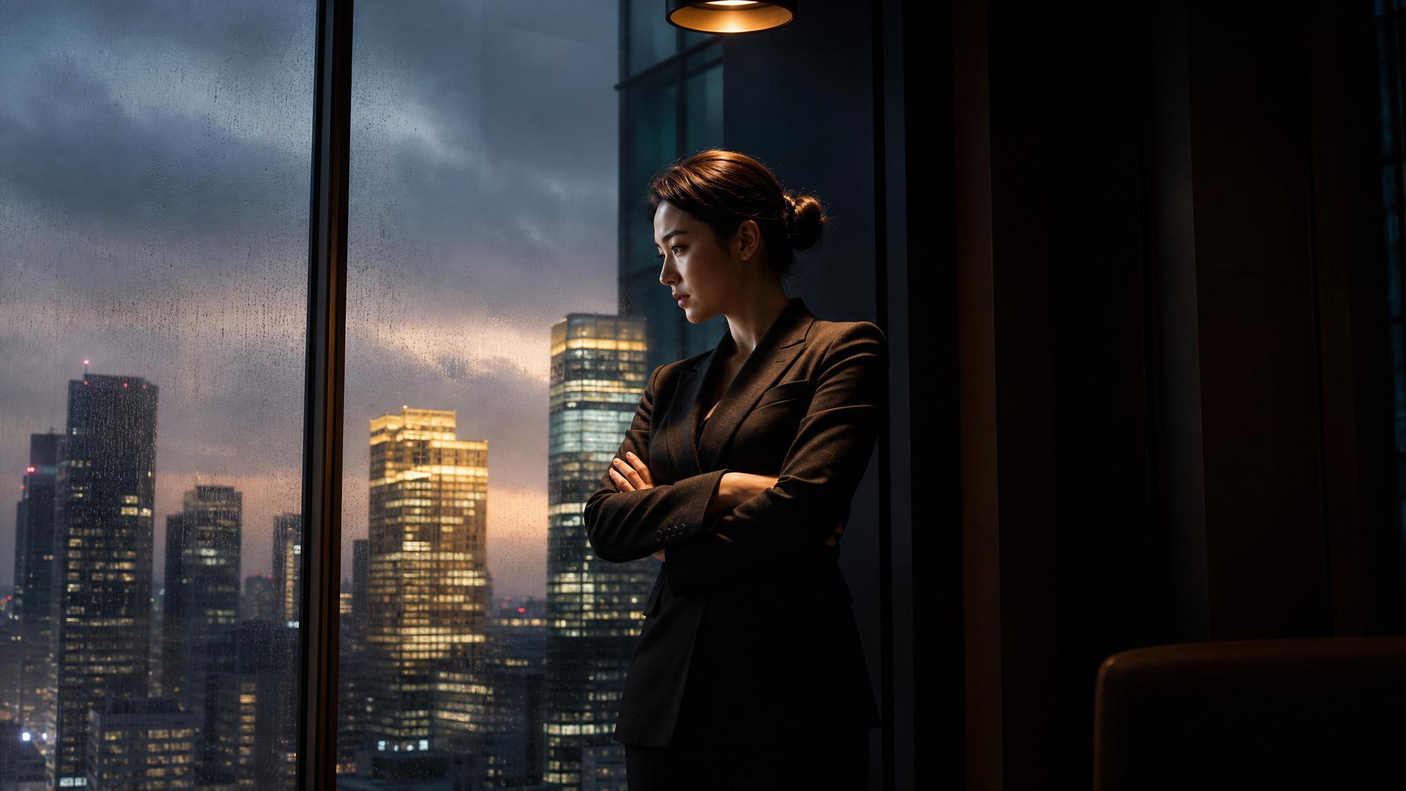 Photorealistic editorial magazine cover photograph: a lone Korean businesswoman in a sharp charcoal blazer stands centered at a floor-to-ceiling glass office window at dusk, arms crossed, jaw set, sta