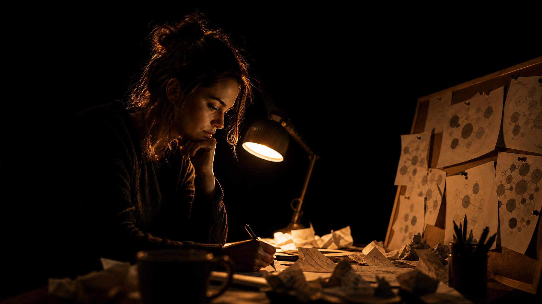 Photorealistic editorial magazine cover photograph: a lone content strategist at a cluttered wooden desk at night, surrounded by printed audience research maps pinned to a corkboard, a single warm tun