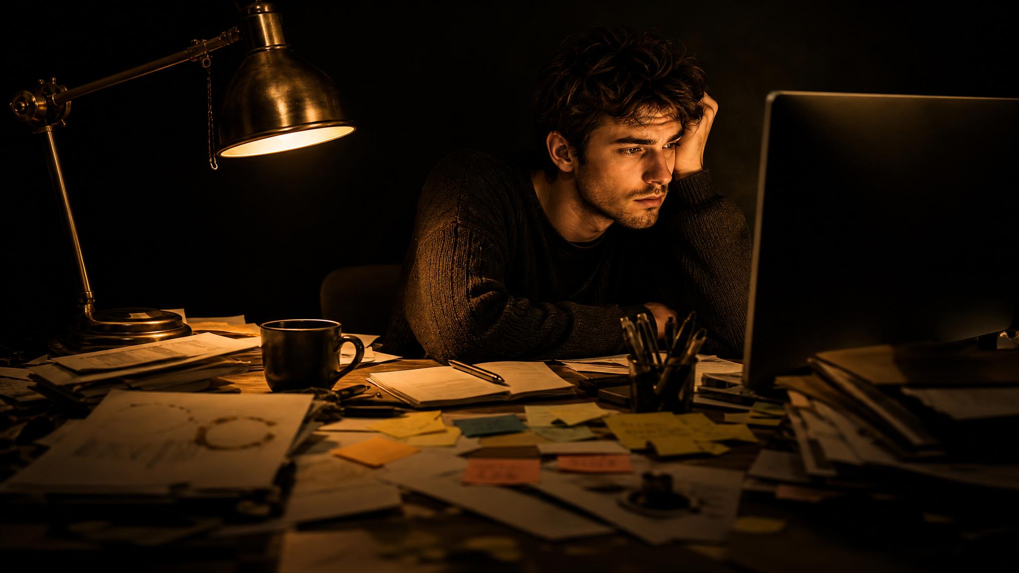 Photorealistic editorial magazine cover photograph: a lone content creator seated at a cluttered wooden desk overflowing with handwritten sticky notes and printed editorial calendars, staring at a bla