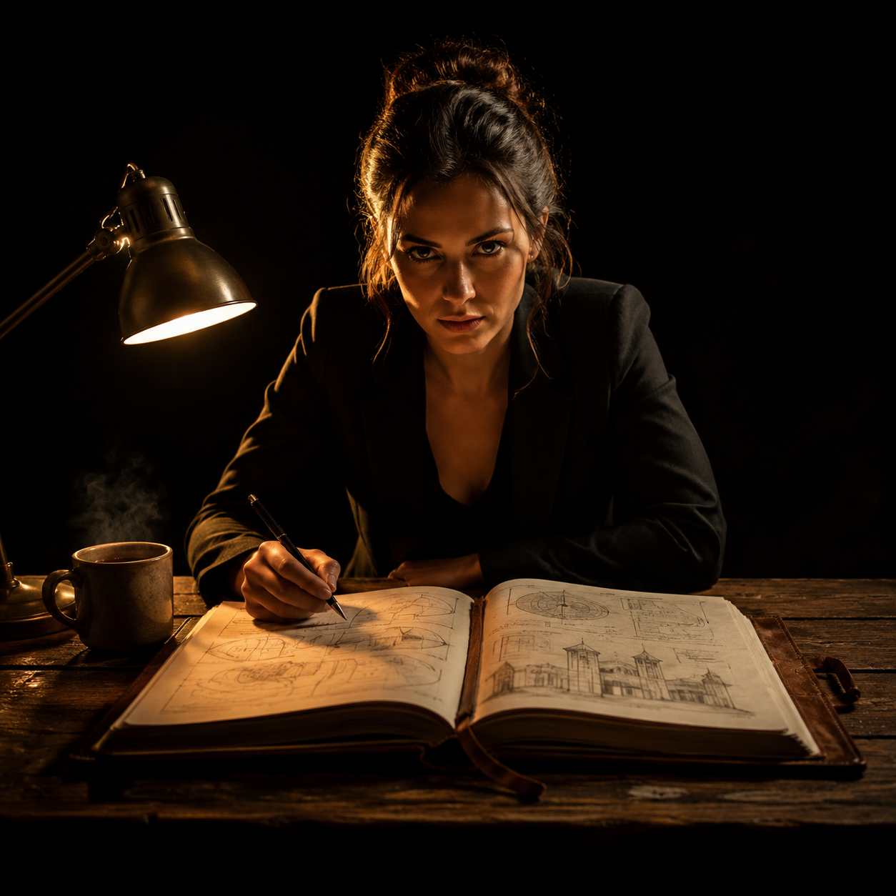 Photorealistic editorial magazine cover photograph: a solitary strategist seated at a weathered wooden desk, centered low-angle hero shot, a single warm tungsten desk lamp casting hard rim light acros