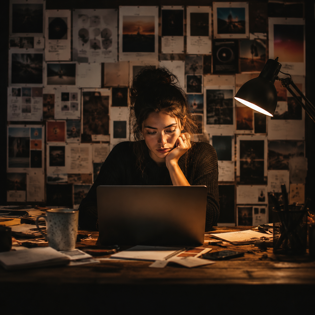 Photorealistic editorial magazine cover photograph: a lone freelancer at a cluttered wooden desk at midnight, centered hero low-angle, surrounded by dozens of printed social media post mockups pinned
