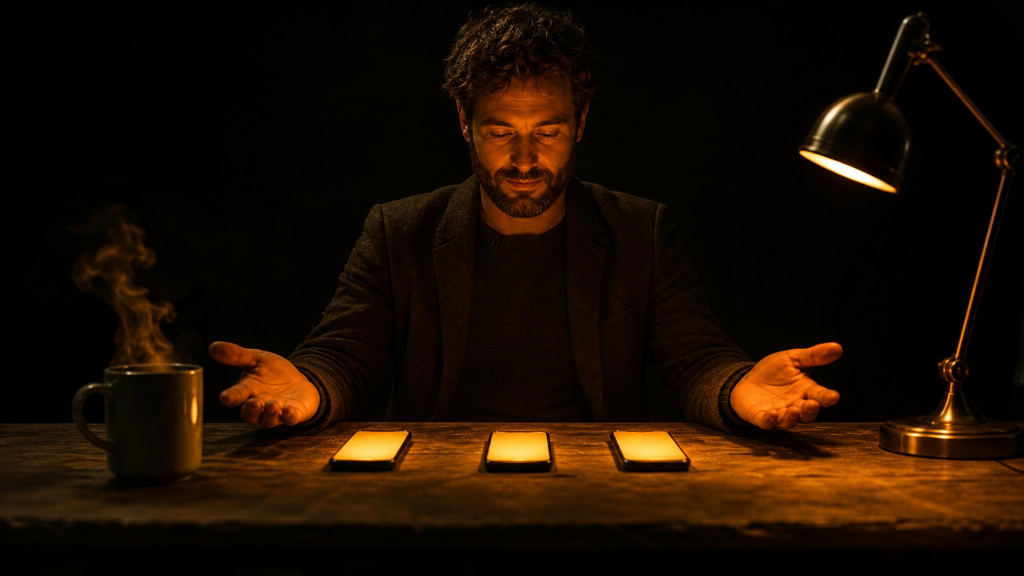Photorealistic editorial magazine cover photograph: a lone freelance consultant seated at a worn oak desk at dawn, centered hero low-angle, three smartphone screens lit with scheduled posts glowing wa