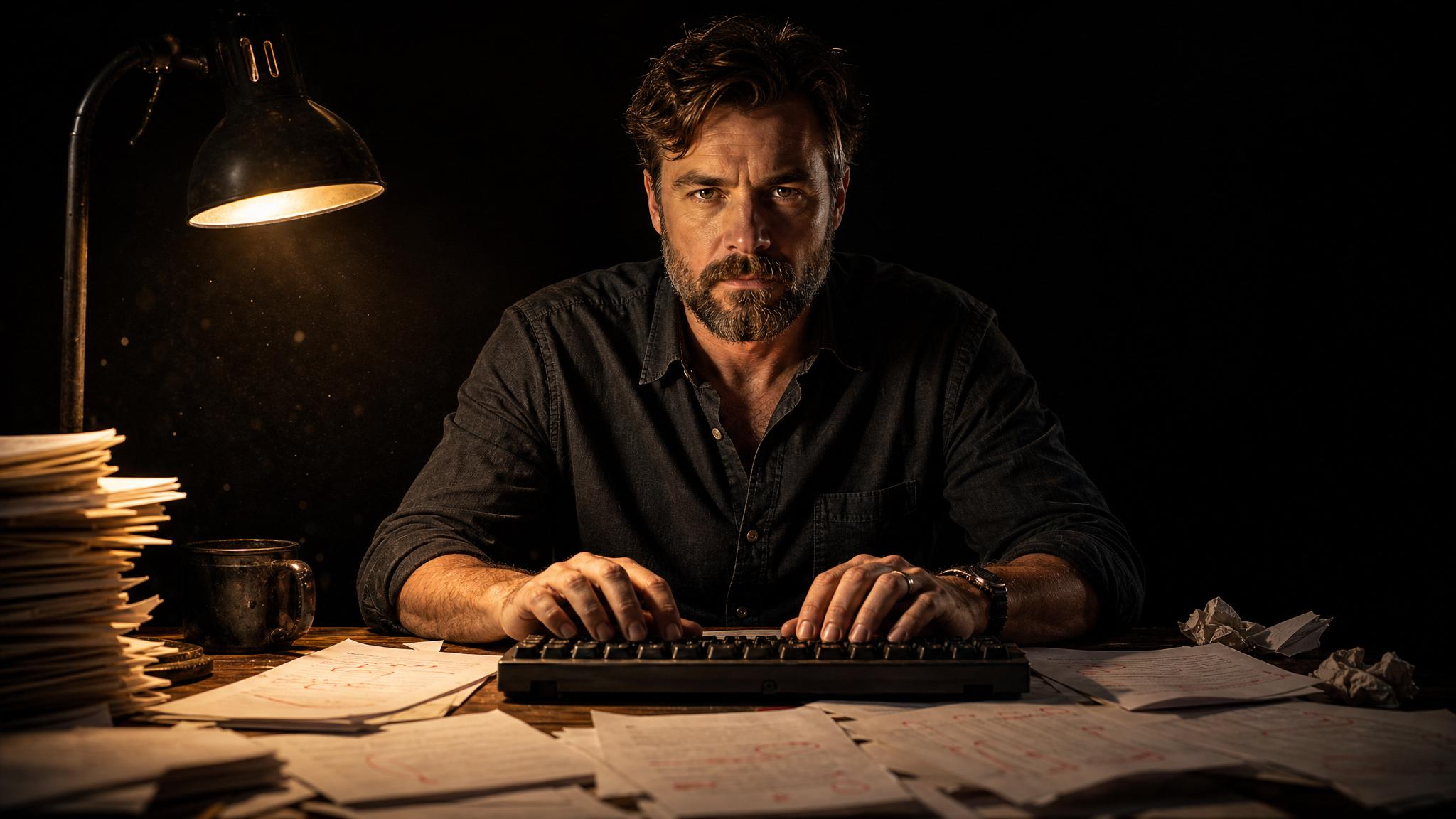 Photorealistic editorial magazine cover photograph: a seasoned male copywriter in his 40s seated at a cluttered wooden desk, centered low-angle hero shot, hands resting on a mechanical keyboard, stari