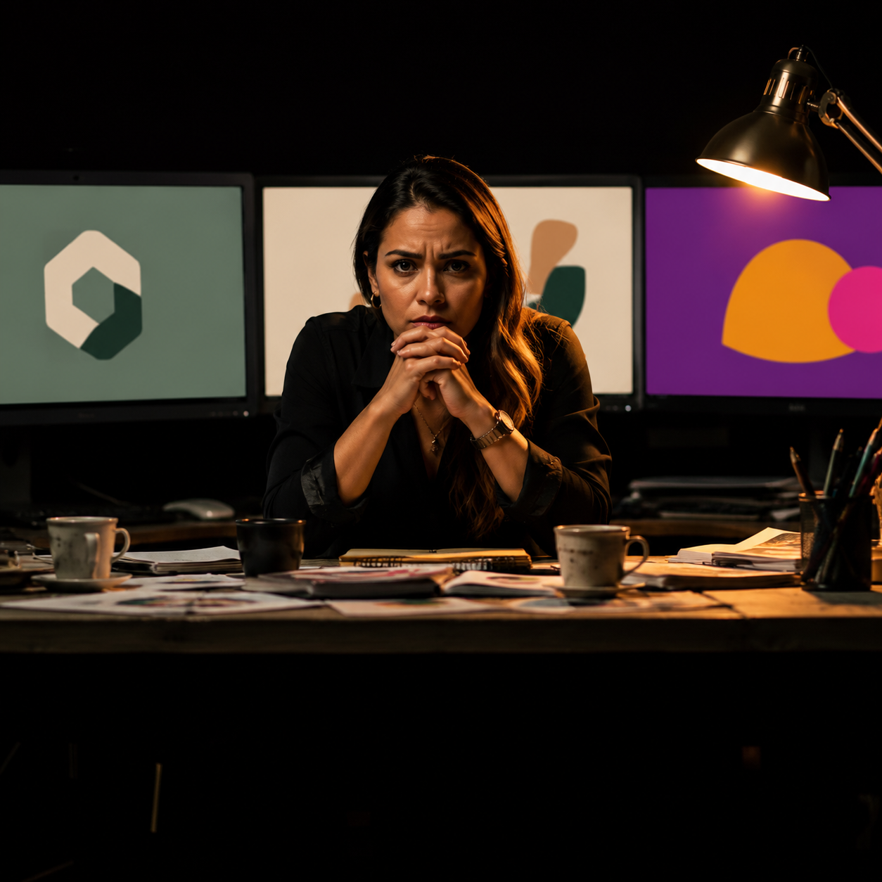 Photorealistic editorial magazine cover photograph: a Brazilian woman entrepreneur centered at a cluttered desk, three open screens showing mismatched brand colors and logos, her expression tense and