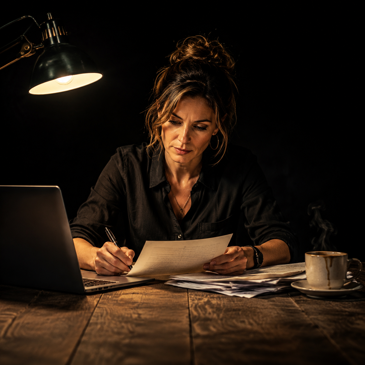 Photorealistic editorial magazine cover photograph: a confident female copywriter in her 30s centered at a wooden desk, hard warm tungsten lamp casting dramatic chiaroscuro across her face as she revi