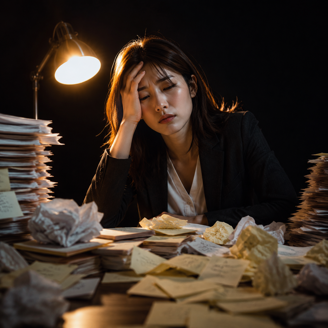 Photorealistic editorial magazine cover photograph: a lone Japanese female marketing professional in her 30s seated at a cluttered wooden desk buried under printed blog drafts and sticky notes, single