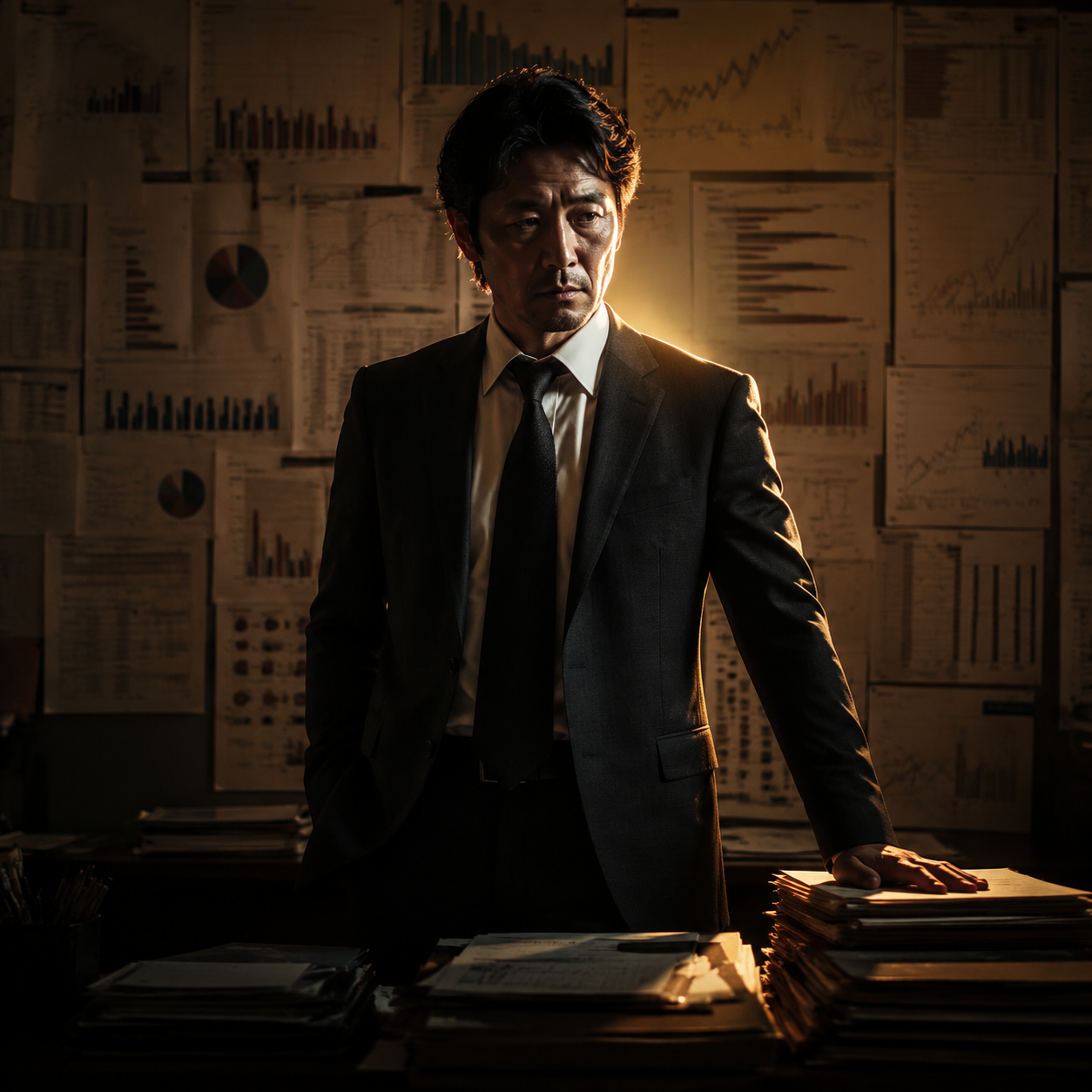 Photorealistic editorial magazine cover photograph: a mid-40s Japanese businessman in a crisp charcoal suit standing centered at slight low angle, back against a floor-to-ceiling wall of competitor co