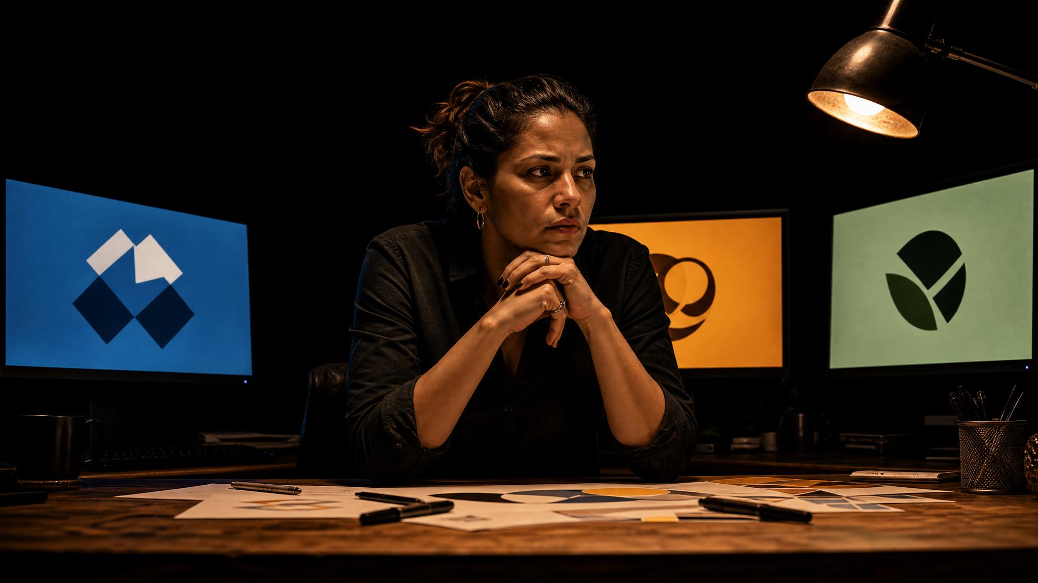 Photorealistic editorial magazine cover photograph: a Brazilian woman entrepreneur centered at a cluttered desk, three open screens showing mismatched brand colors and logos, her expression tense and