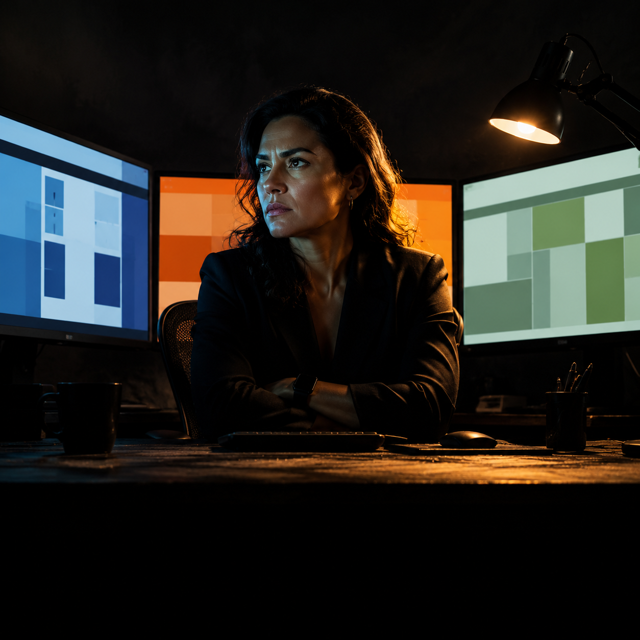 Photorealistic editorial magazine cover photograph: a Brazilian woman entrepreneur centered at a cluttered desk, three open screens showing mismatched brand colors and logos, her expression tense and