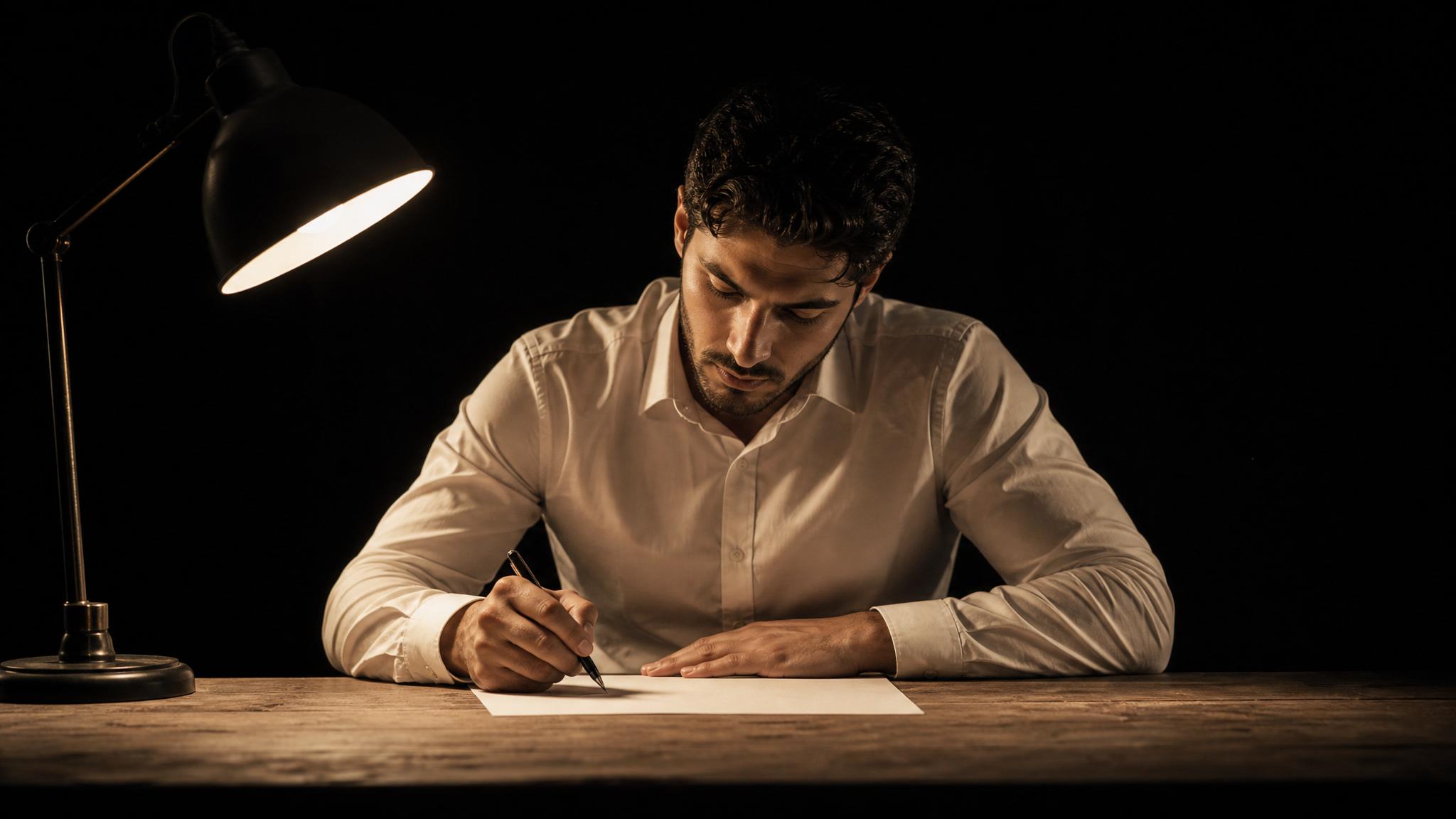Photorealistic editorial magazine cover photograph: a focused Middle Eastern man in a crisp white shirt sits alone at a raw wooden desk in a sparse room, a single warm tungsten lamp casting hard rim l