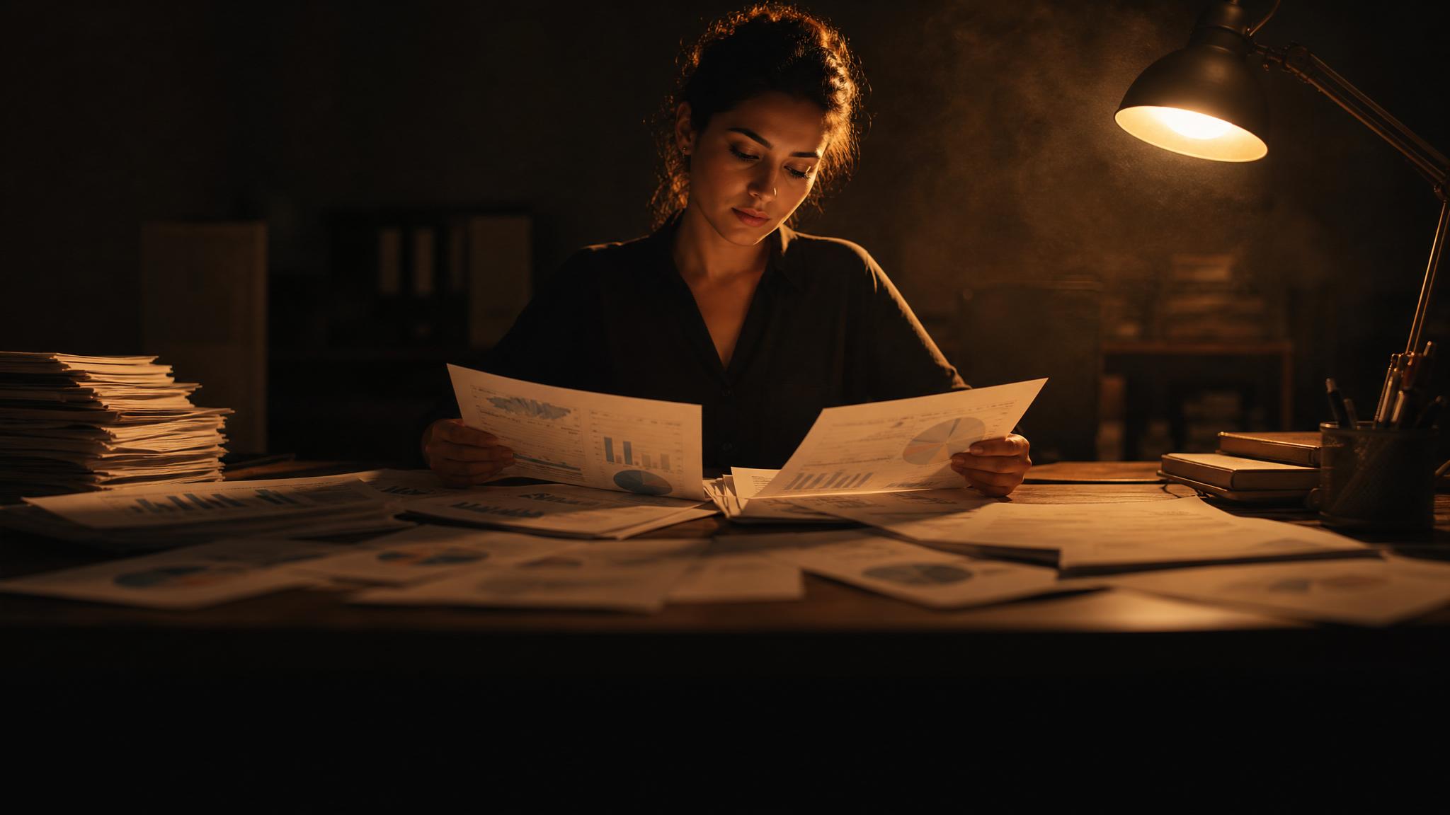 Photorealistic editorial magazine cover photograph: a focused female content professional seated at a wide wooden desk, centered low-angle hero shot, single warm tungsten desk lamp casting hard rim li