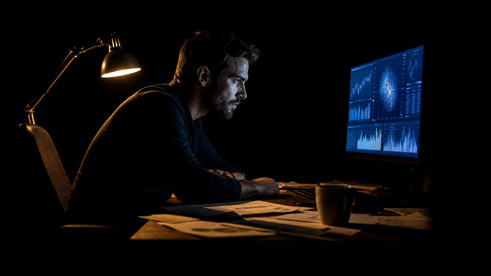 Photorealistic editorial magazine cover photograph: a focused man in his 30s seated alone at a wide wooden desk at night, leaning intensely toward a large monitor displaying dense analytics dashboards