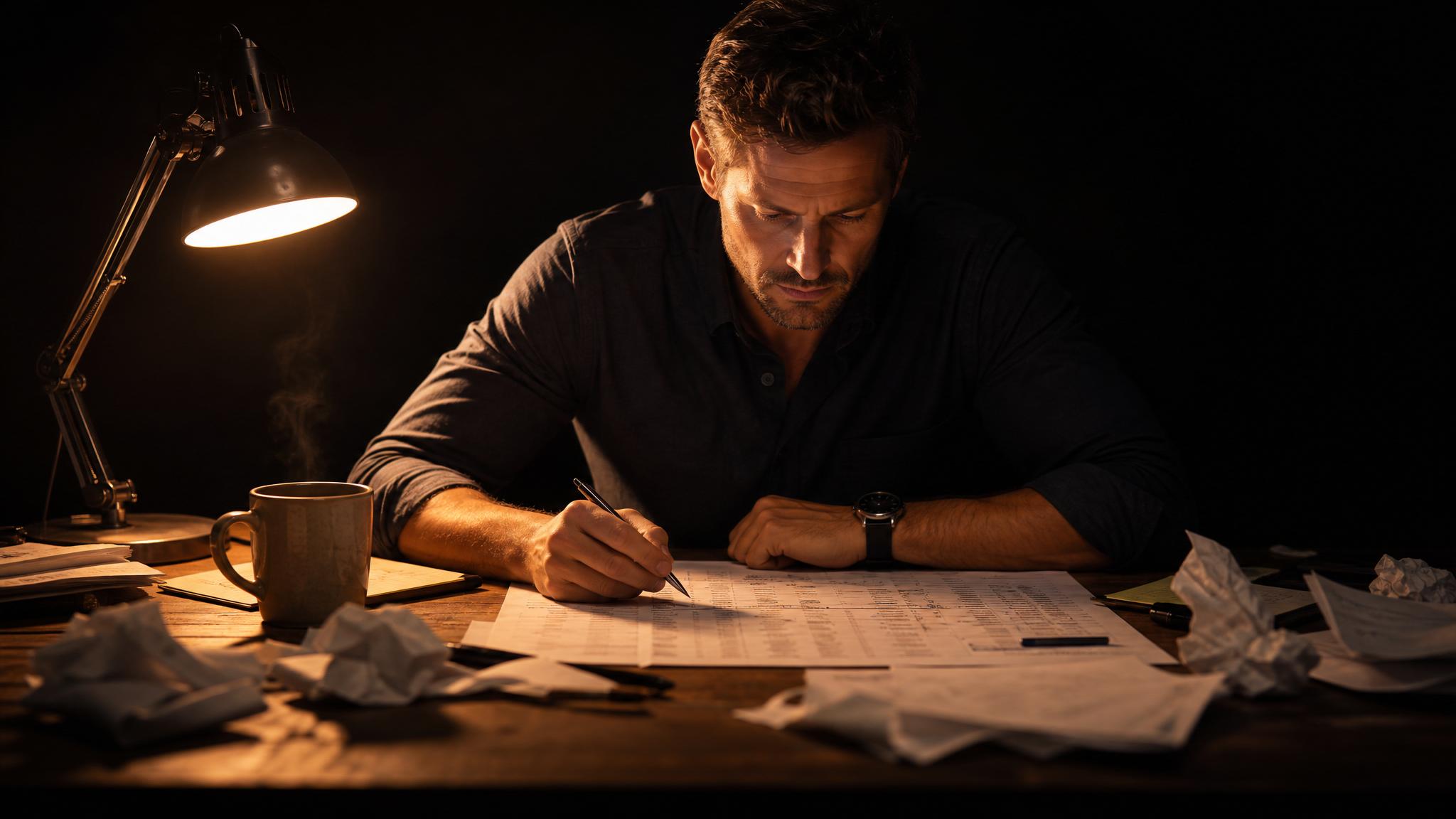 Photorealistic editorial magazine cover photograph: a focused professional man in his late 30s seated at a wooden desk, centered low-angle hero shot, leaning forward intense over a printed keyword res