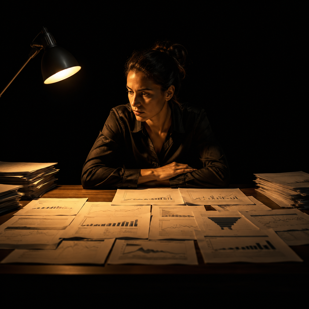 Photorealistic editorial magazine cover: a lone analyst seated at a wide wooden desk covered in printed website analytics reports, centered low-angle hero shot, single warm tungsten desk lamp casting