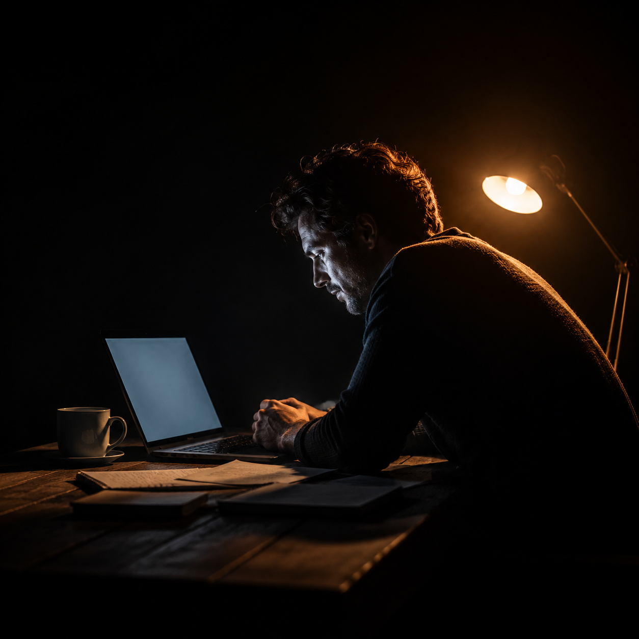 Photorealistic editorial magazine cover photograph: a focused male content strategist at a cluttered wooden desk, staring at a laptop screen showing dense text, hard warm tungsten lamp casting dramati