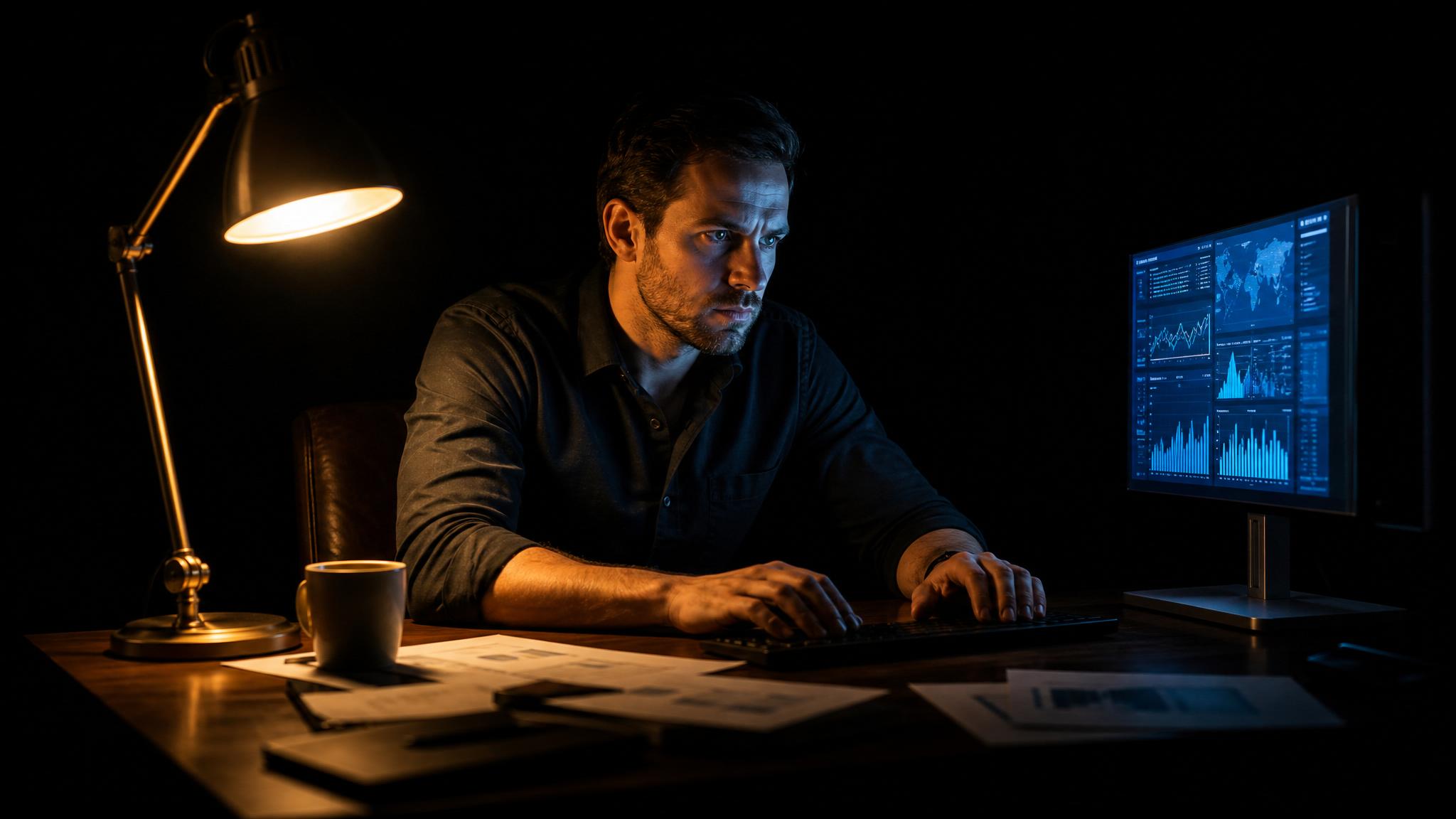Photorealistic editorial magazine cover photograph: a focused man in his 30s seated alone at a wide wooden desk at night, leaning intensely toward a large monitor displaying dense analytics dashboards