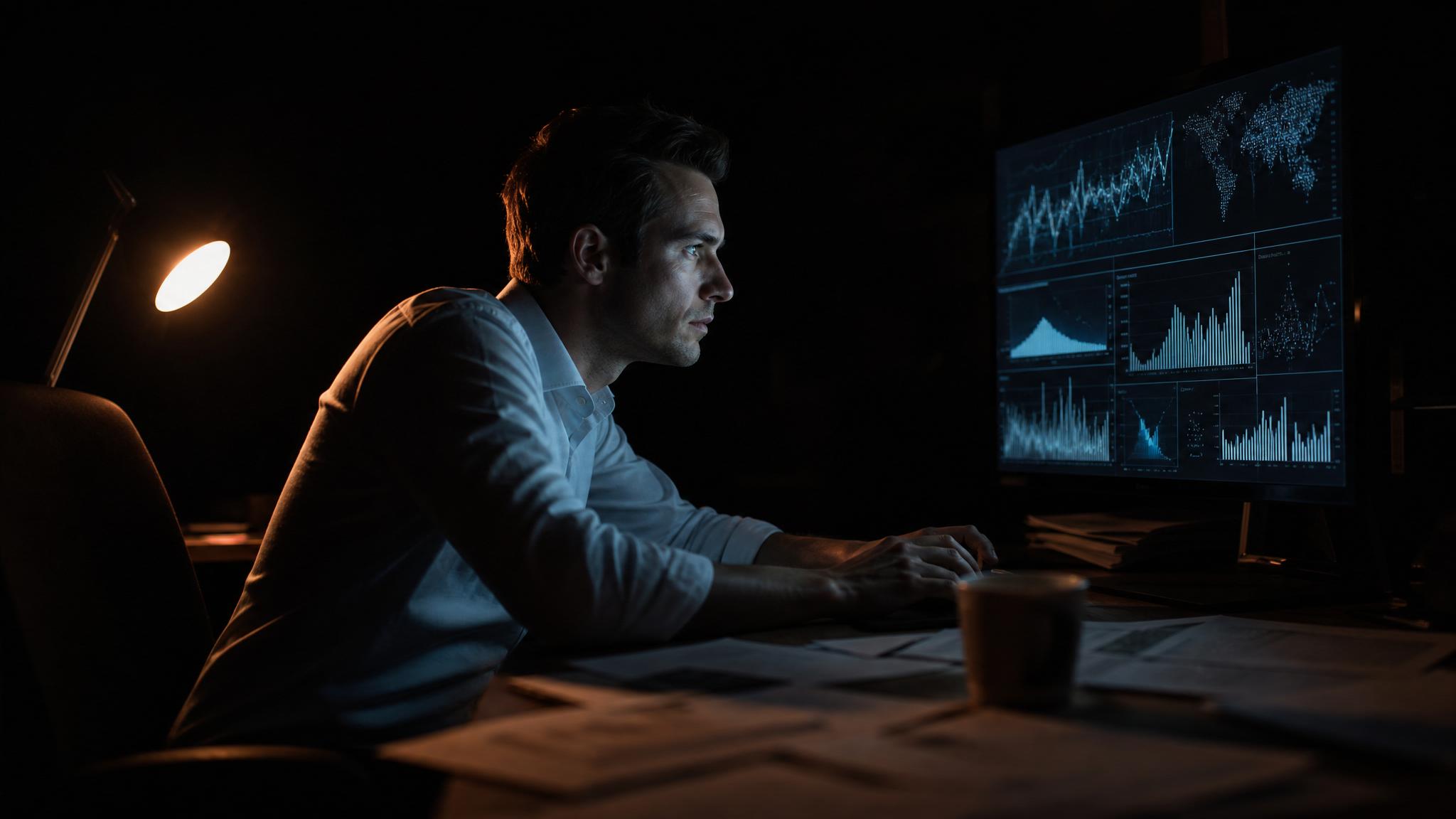 Photorealistic editorial magazine cover photograph: a focused man in his 30s seated alone at a wide wooden desk at night, leaning intensely toward a large monitor displaying dense analytics dashboards