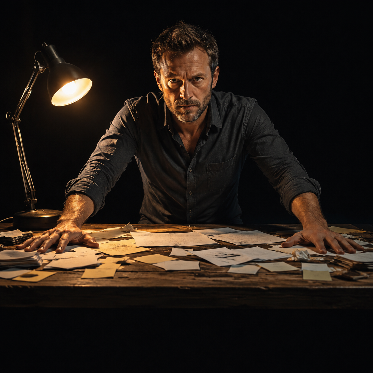 Photorealistic editorial magazine cover photograph: a lone male content marketer in his early 40s, dark fitted shirt, seated centered at a cluttered wooden desk covered in printed keyword research she