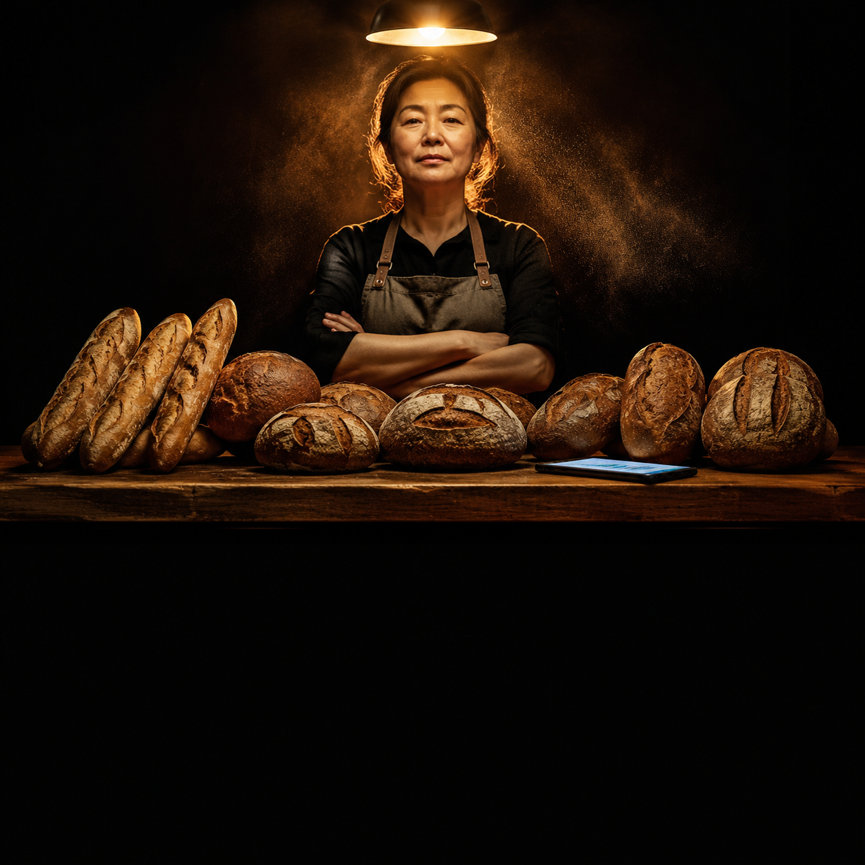 Photorealistic editorial magazine cover photograph: a middle-aged Korean woman owner standing centered behind a small bakery counter at dawn, warm golden tungsten overhead lamp casting hard rim light