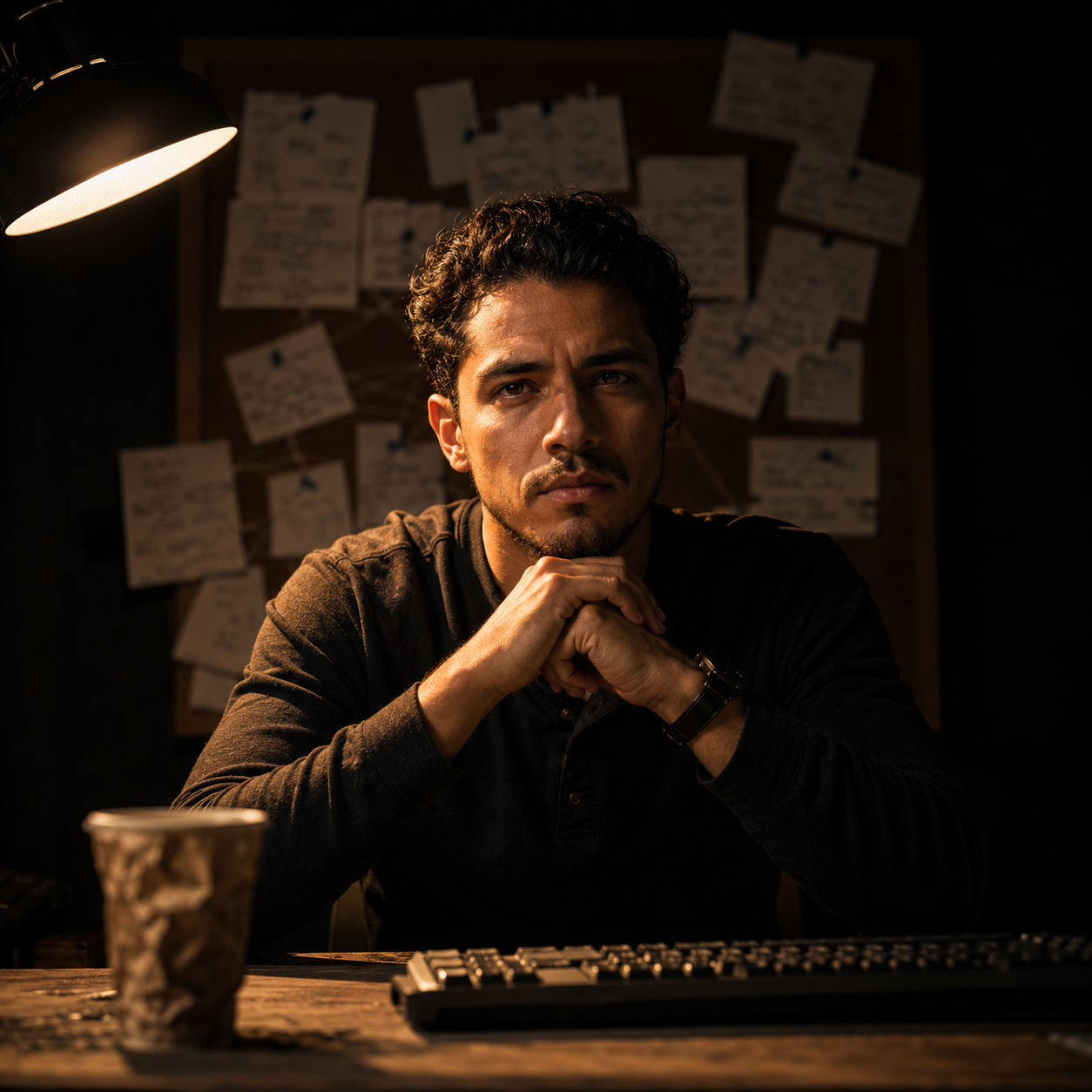 Photorealistic editorial magazine cover photograph: a focused Latin male marketing professional centered at a cluttered wooden desk, single warm tungsten desk lamp casting hard rim light across his ja