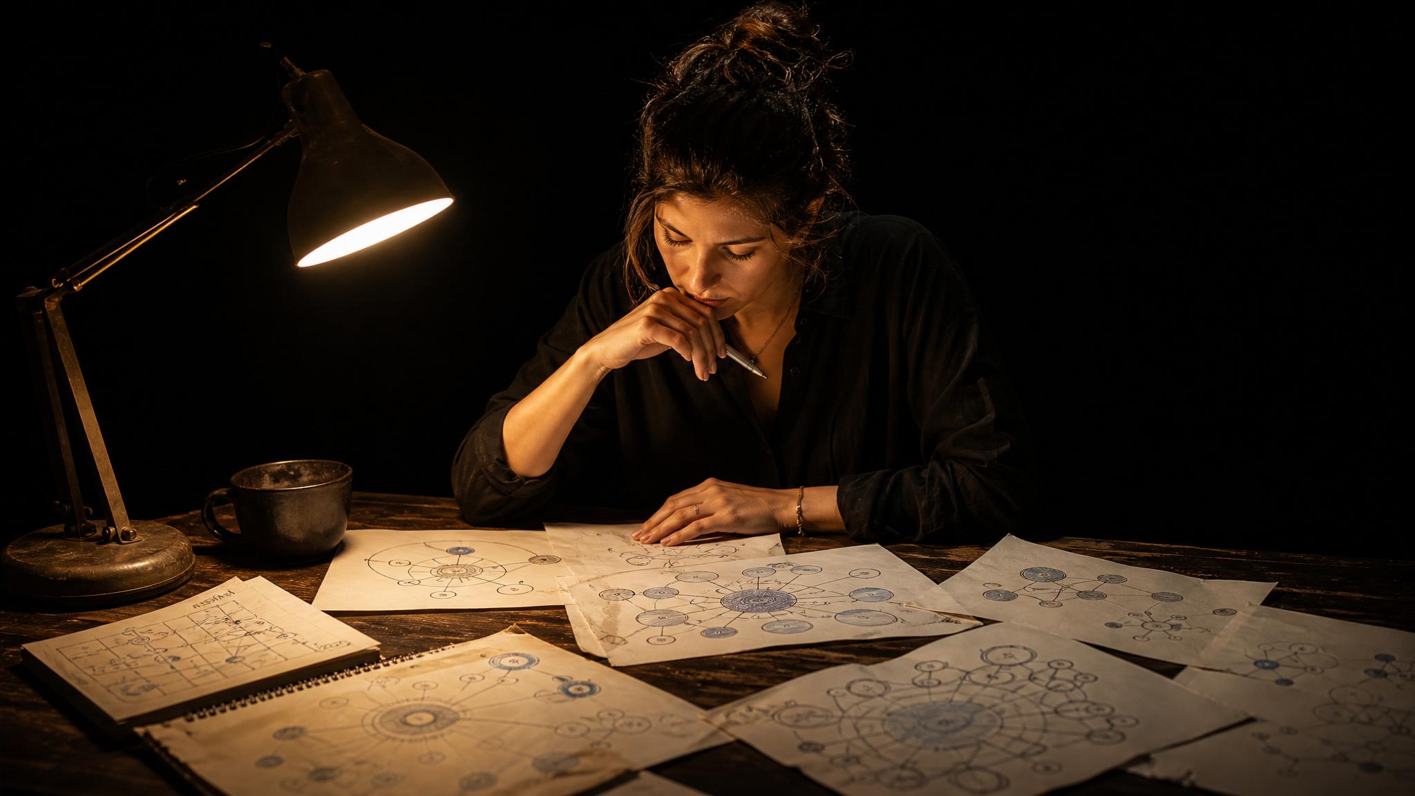 Photorealistic editorial magazine cover photograph: a lone content strategist seated at a cluttered wooden desk covered in printed keyword maps and hand-drawn topic cluster diagrams, hard warm tungste