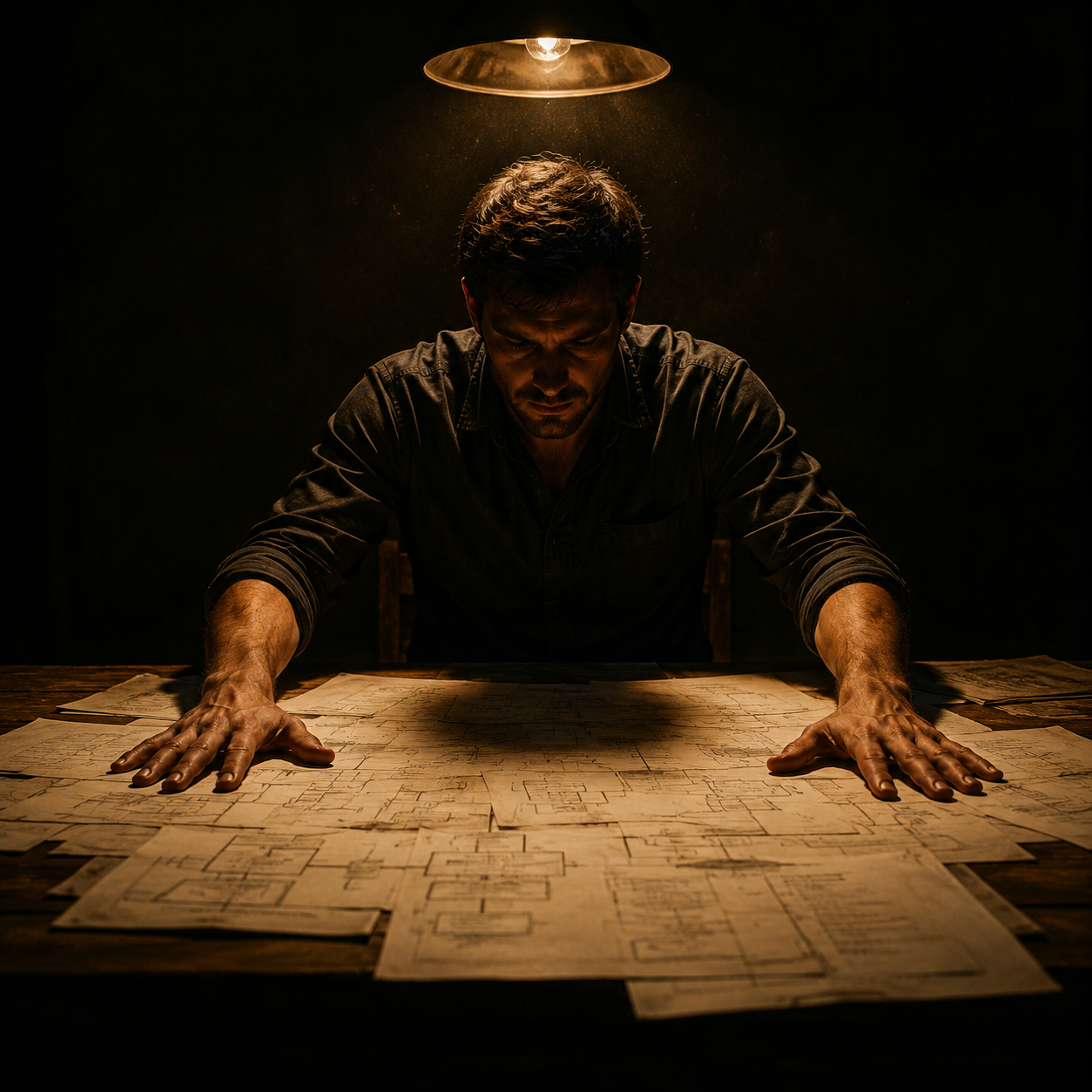Photorealistic editorial magazine cover photograph: a lone male digital strategist seated at a wooden desk covered in printed site architecture diagrams, hard warm tungsten overhead lamp casting deep