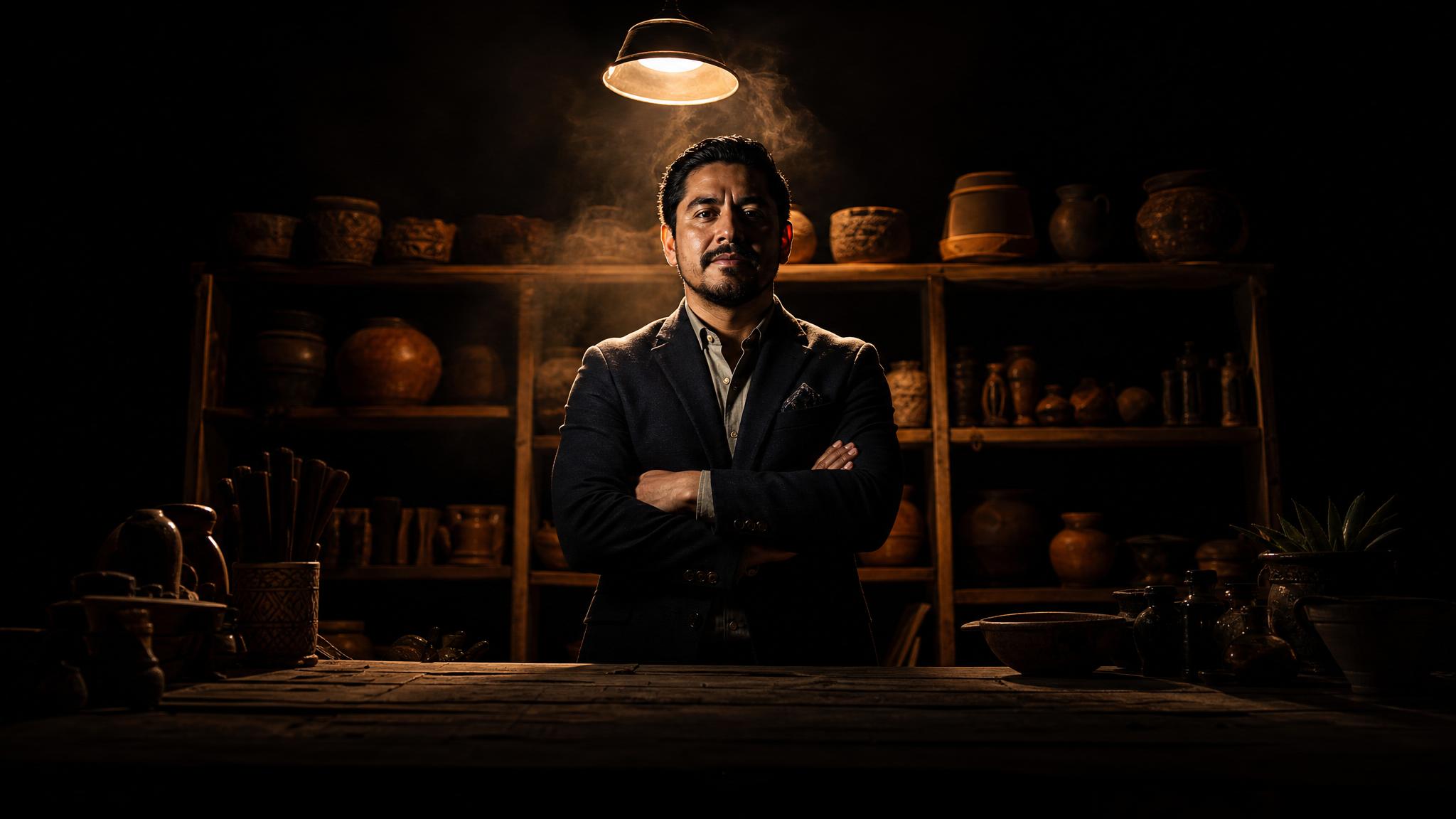 Photorealistic editorial magazine cover photograph: a sharp-dressed Latino small business owner standing centered behind a wooden market stall counter, arms crossed, looking directly into camera at sl