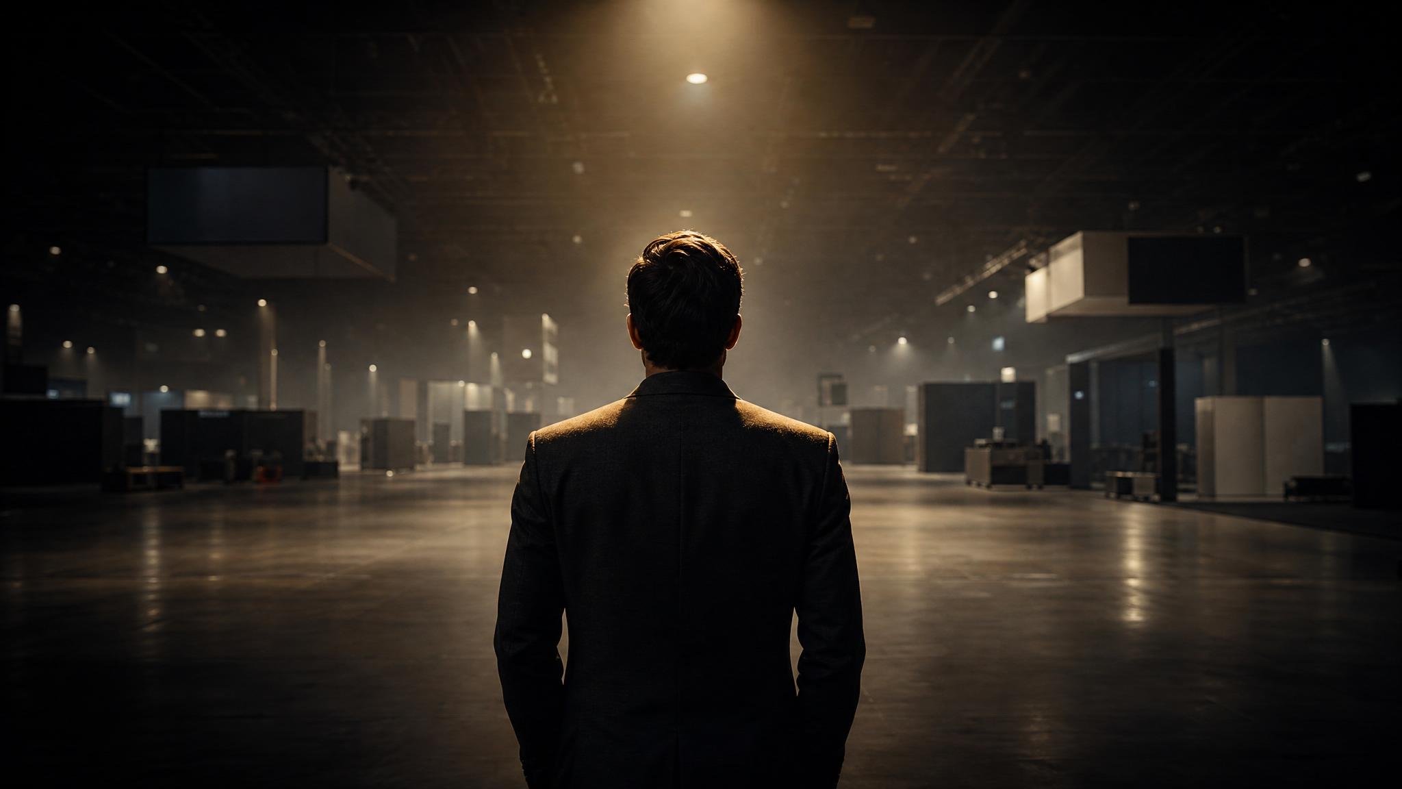 Photorealistic editorial magazine cover photograph: a lone founder in a sharp charcoal blazer stands centered at a vast empty trade-show floor at dusk, his back to camera, facing a sea of competitor b