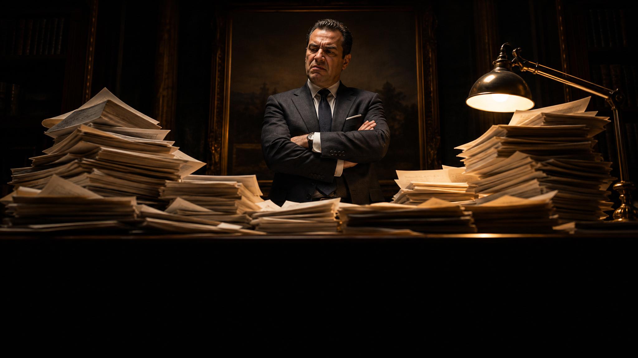 Photorealistic editorial magazine cover: a sharp-suited Italian businessman mid-40s stands centered at a cluttered desk buried under identical printed articles, his back straight, arms crossed, expres