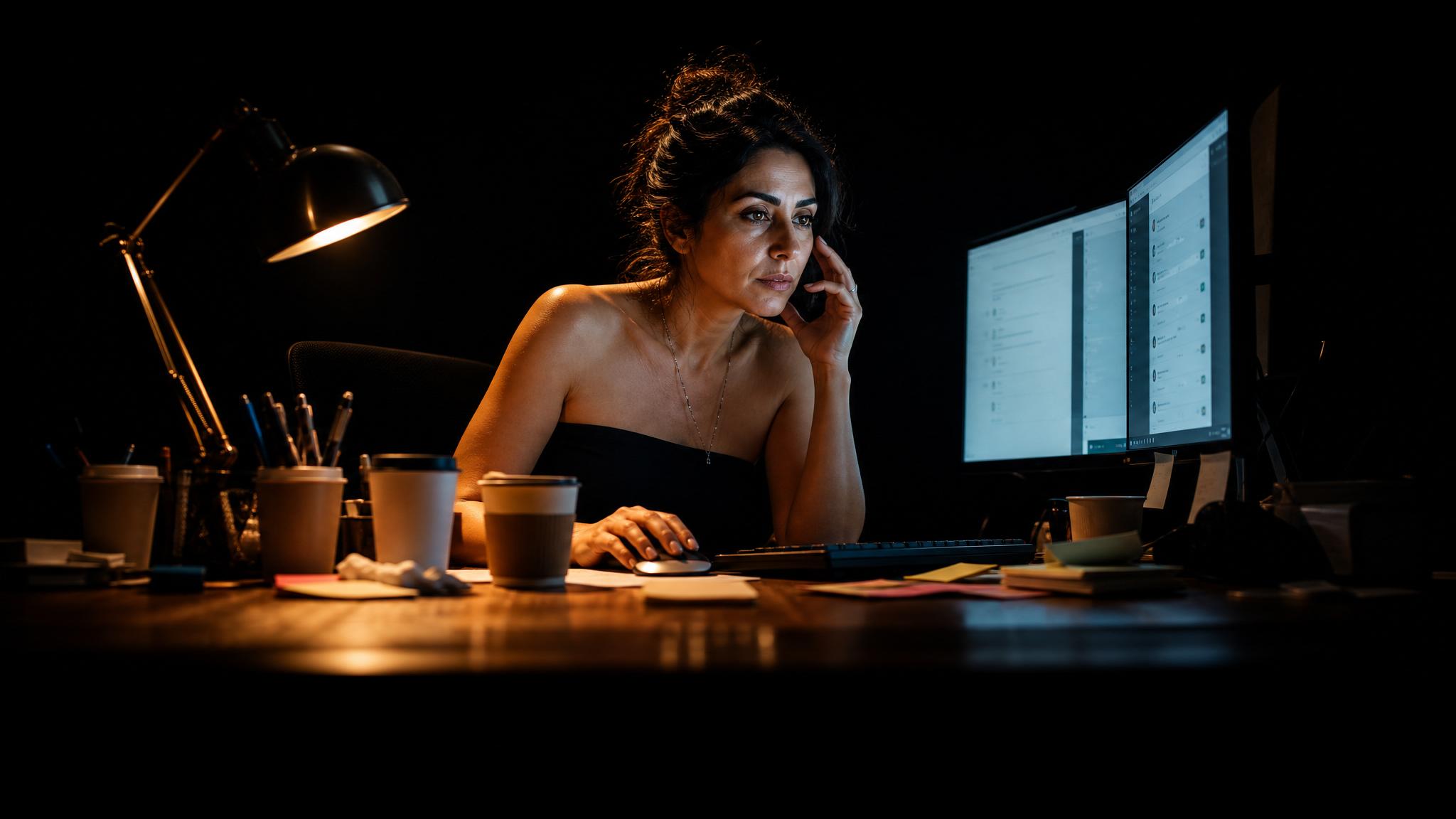 Photorealistic editorial magazine cover photograph: a lone freelance marketer, late 30s, Middle Eastern woman, centered at a cluttered home desk at 11pm, dual monitors blazing with open chat interface