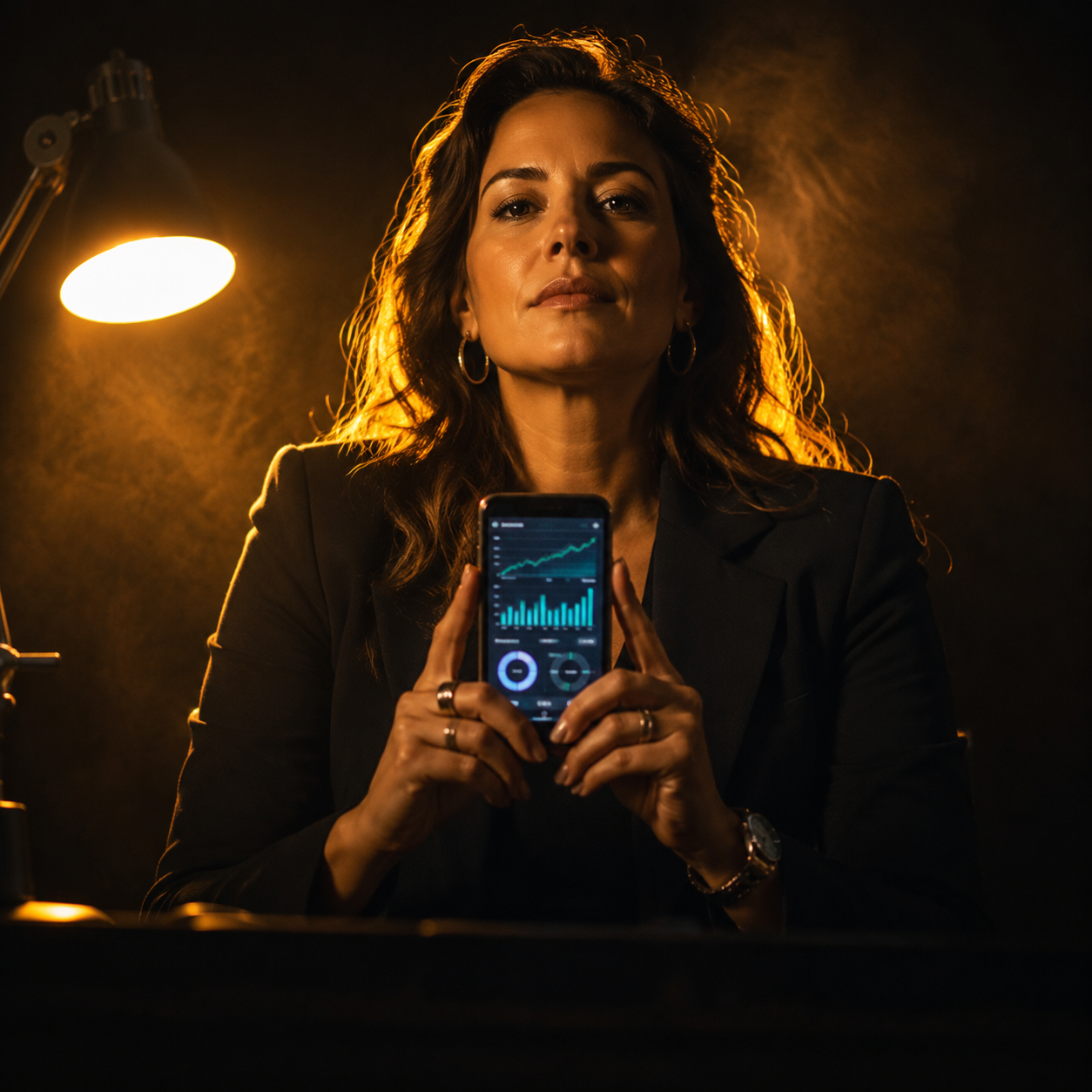 Photorealistic editorial magazine cover photograph: a Brazilian woman entrepreneur in her late 30s, centered low-angle hero shot, holding a smartphone displaying a glowing analytics dashboard, hard wa