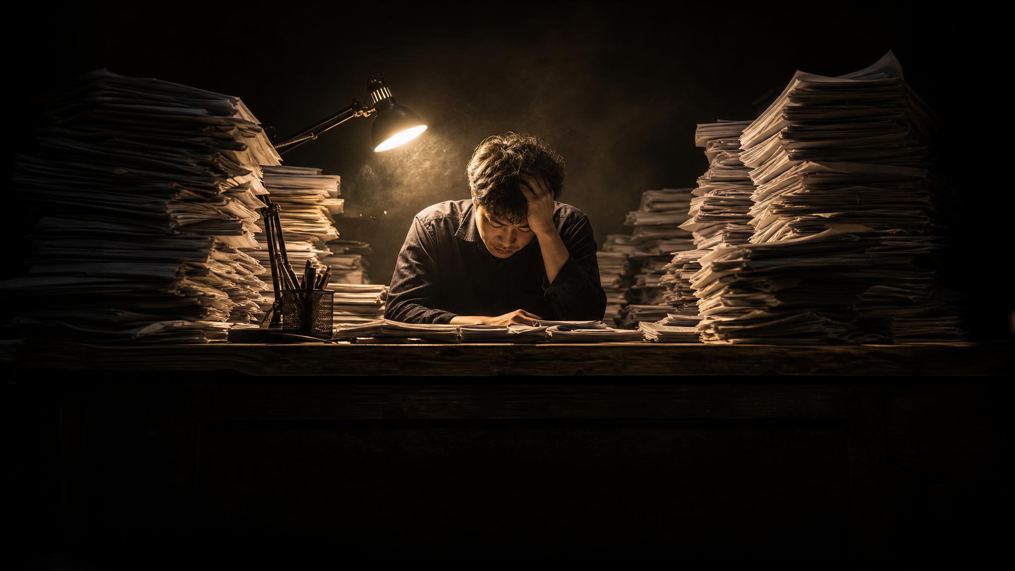 Photorealistic editorial magazine cover photograph: a lone Korean male marketer in his 30s seated at a cluttered wooden desk buried under stacked printed blog posts and analytics reports, head bowed i