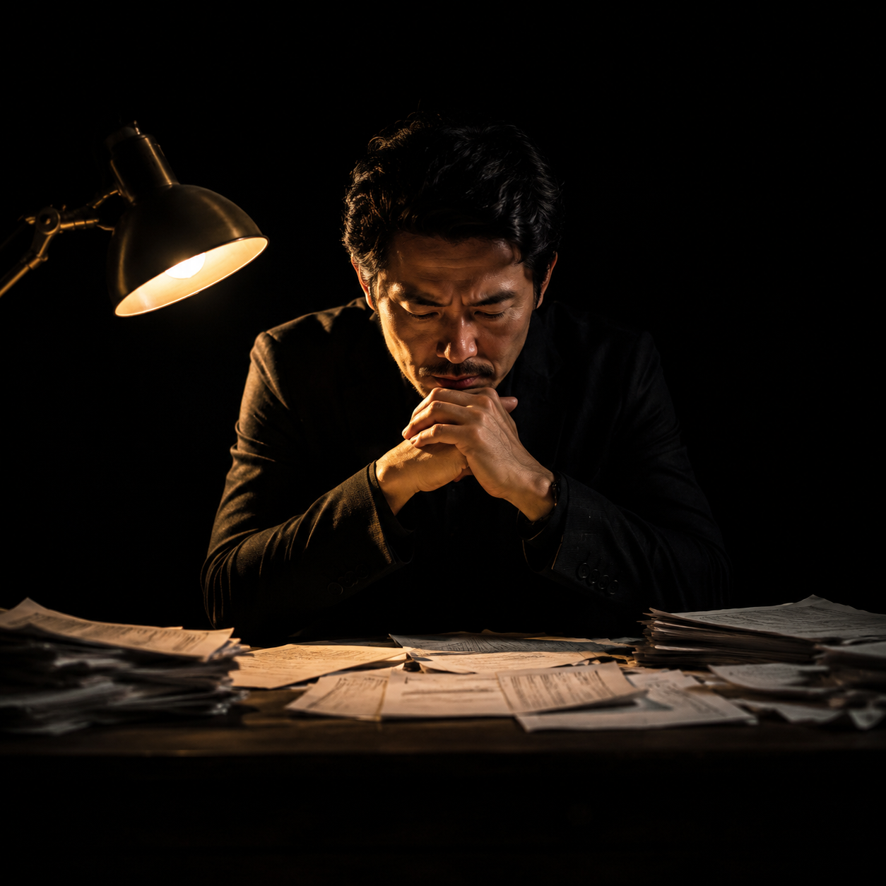 Photorealistic editorial magazine cover photograph: a lone Japanese male content strategist in his late 30s, dark fitted blazer, seated at a cluttered wooden desk buried under printed keyword research