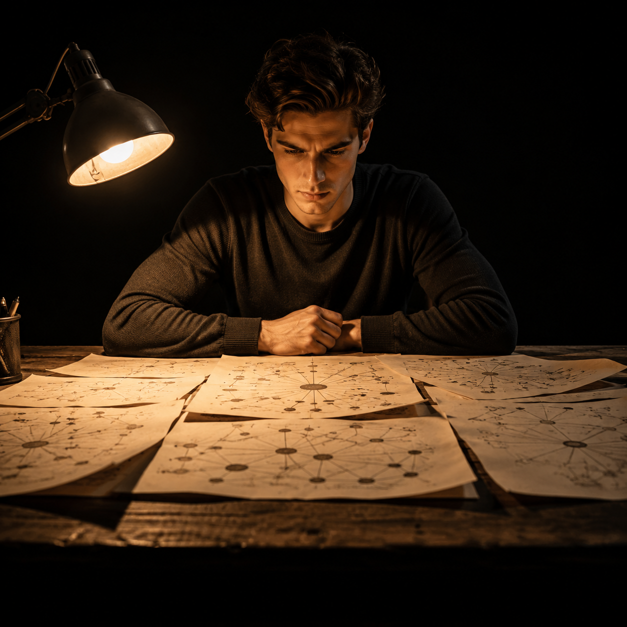 Photorealistic editorial magazine cover photograph: a focused young man at a wooden desk centered in frame, surrounded by printed keyword cluster maps spread wide across the surface, a single warm tun