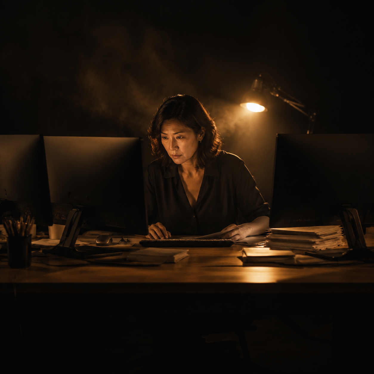 Photorealistic editorial magazine cover photograph: a East Asian woman content editor in her early 40s seated at a wide wooden desk, centered in frame at slight low angle, three large monitors glowing