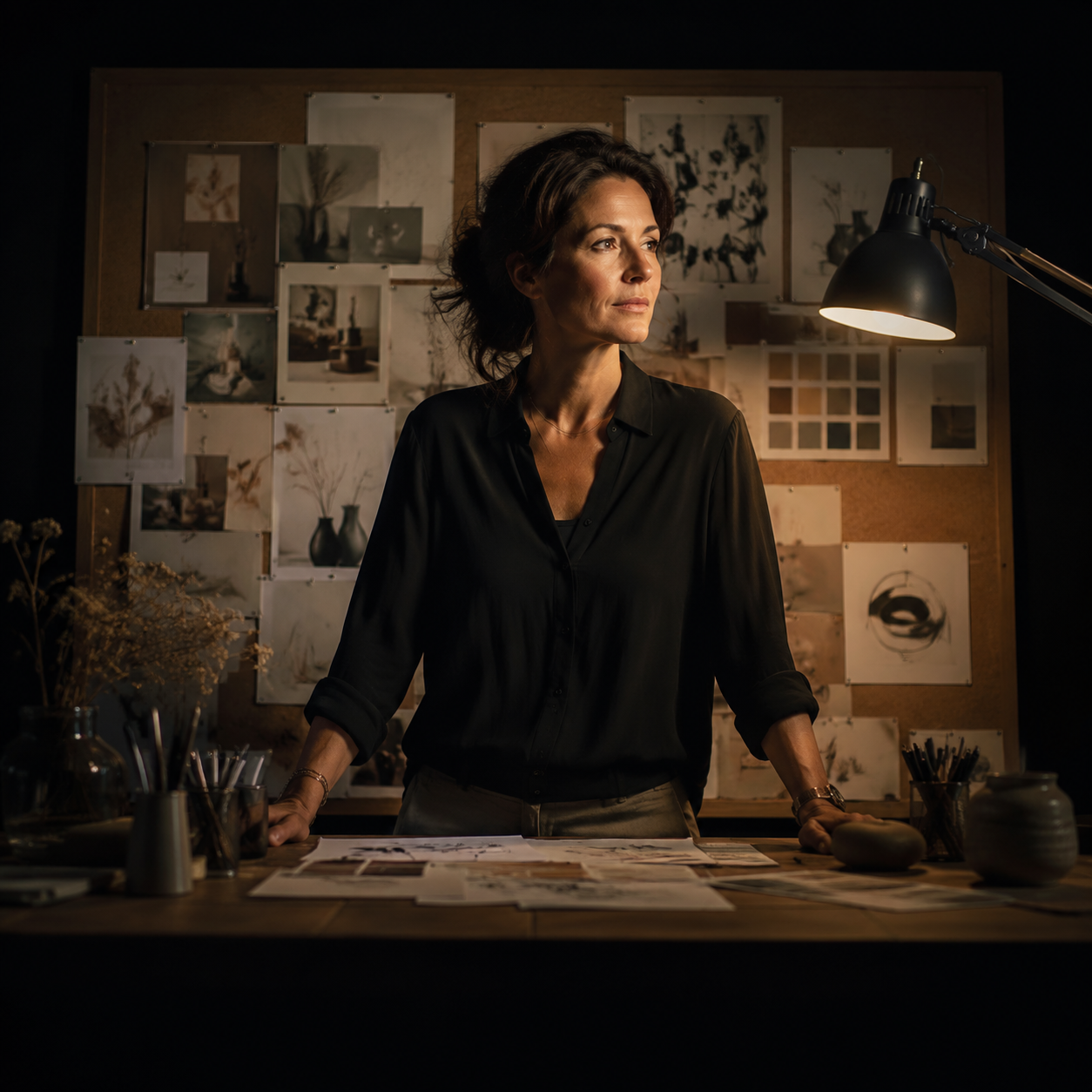 Photorealistic editorial magazine cover photograph: a French small-business owner, mid-40s woman, standing centered at a weathered wooden desk covered in brand mood boards, logo sketches, color swatch