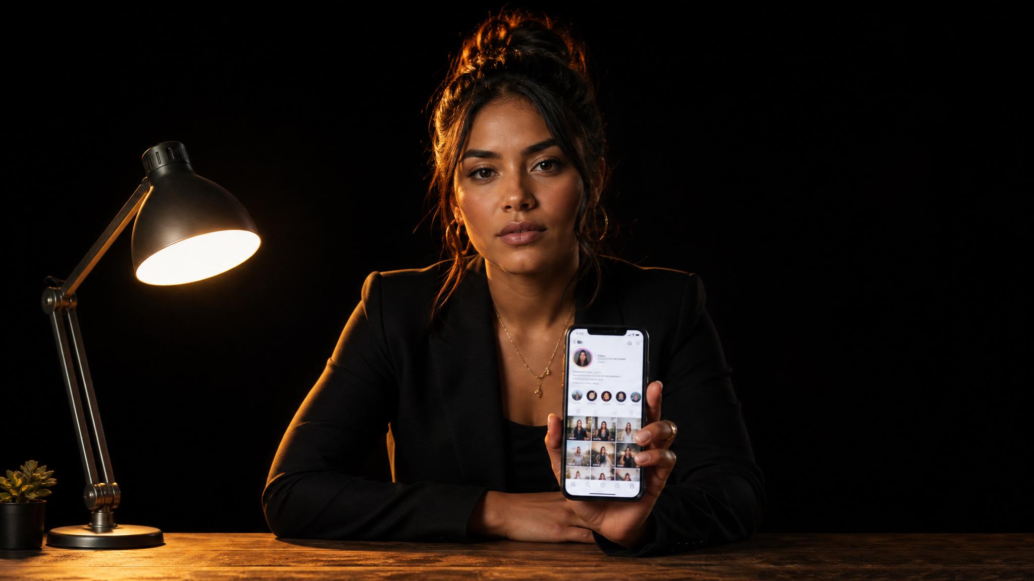 Photorealistic editorial magazine cover photograph: a young Latina entrepreneur centered at slight low angle, holding a smartphone displaying an Instagram profile screen toward camera, hard warm tungs