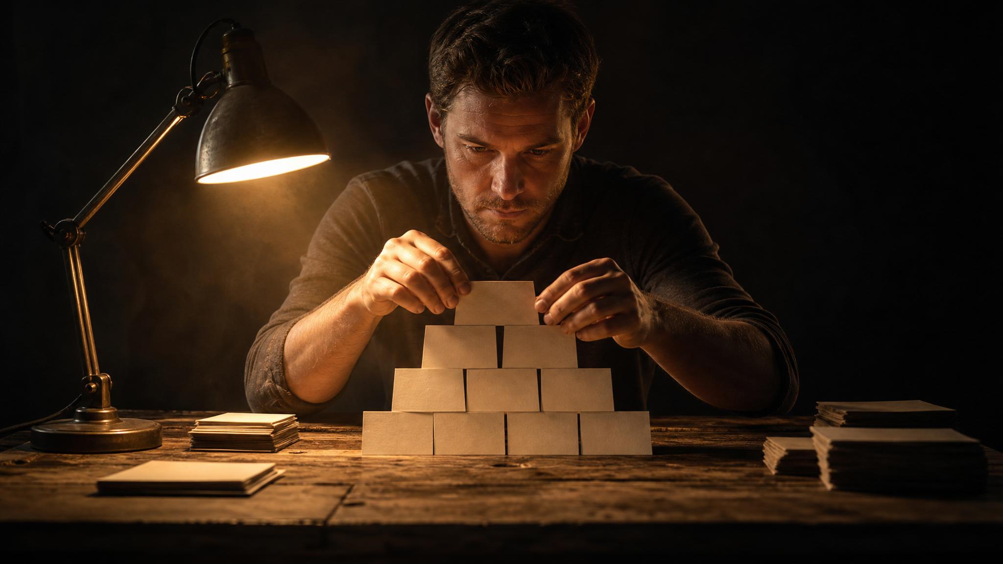 Photorealistic editorial magazine cover photograph: a focused man in his 30s seated alone at a raw wooden desk in a dimly lit room, hands deliberately arranging large printed index cards into a struct