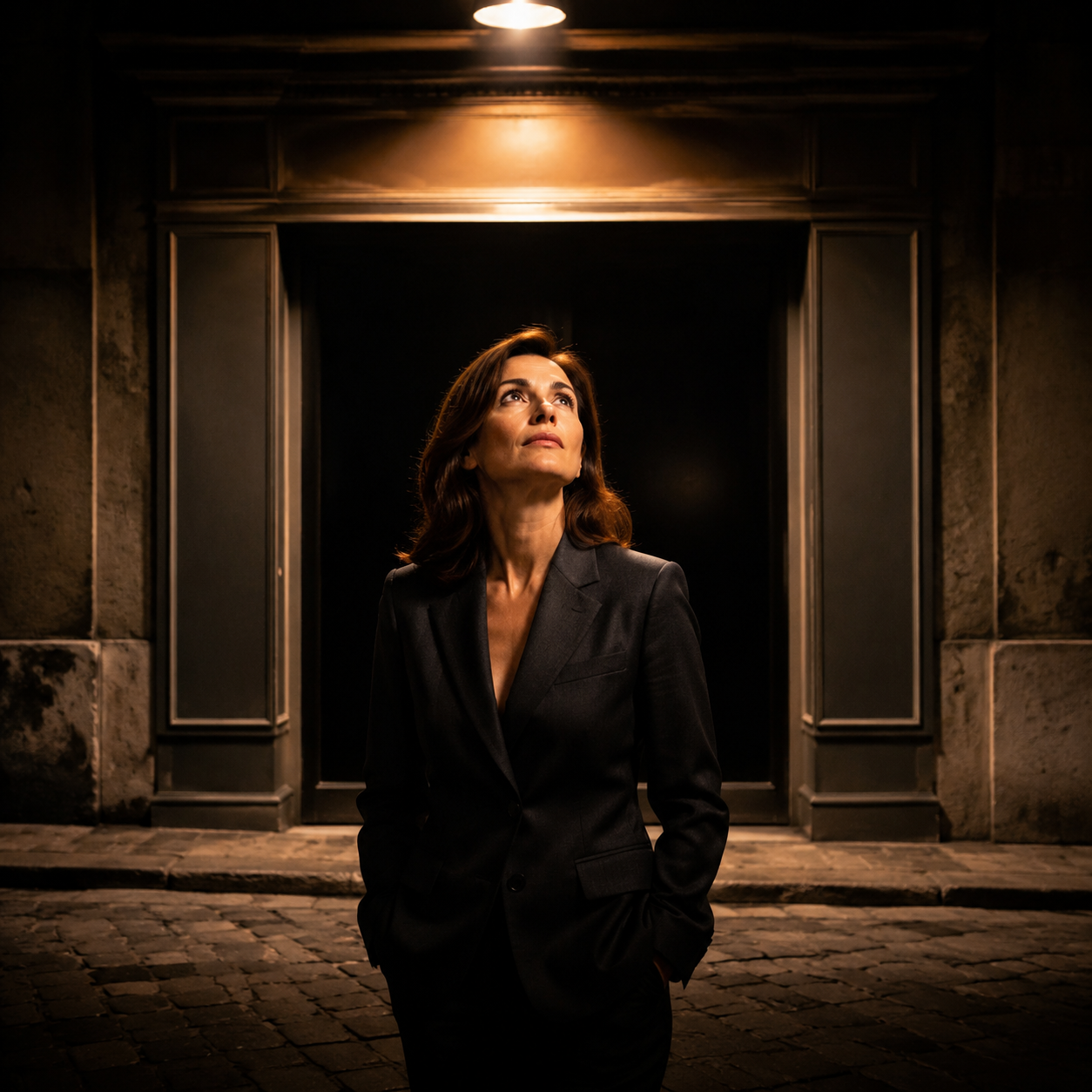 Photorealistic editorial magazine cover photograph: a mid-40s Italian businesswoman in a sharp charcoal blazer stands centered at a storefront with no signage above the dark entrance, single warm tung