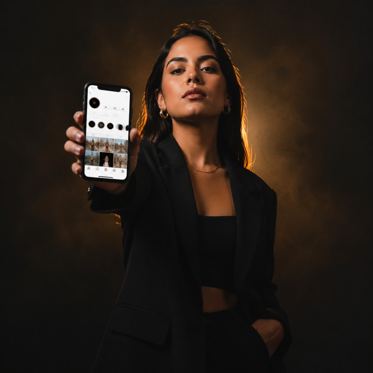 Photorealistic editorial magazine cover photograph: a young Latin woman entrepreneur centered at slight low angle, holding a smartphone displaying an Instagram profile screen toward camera, hard warm