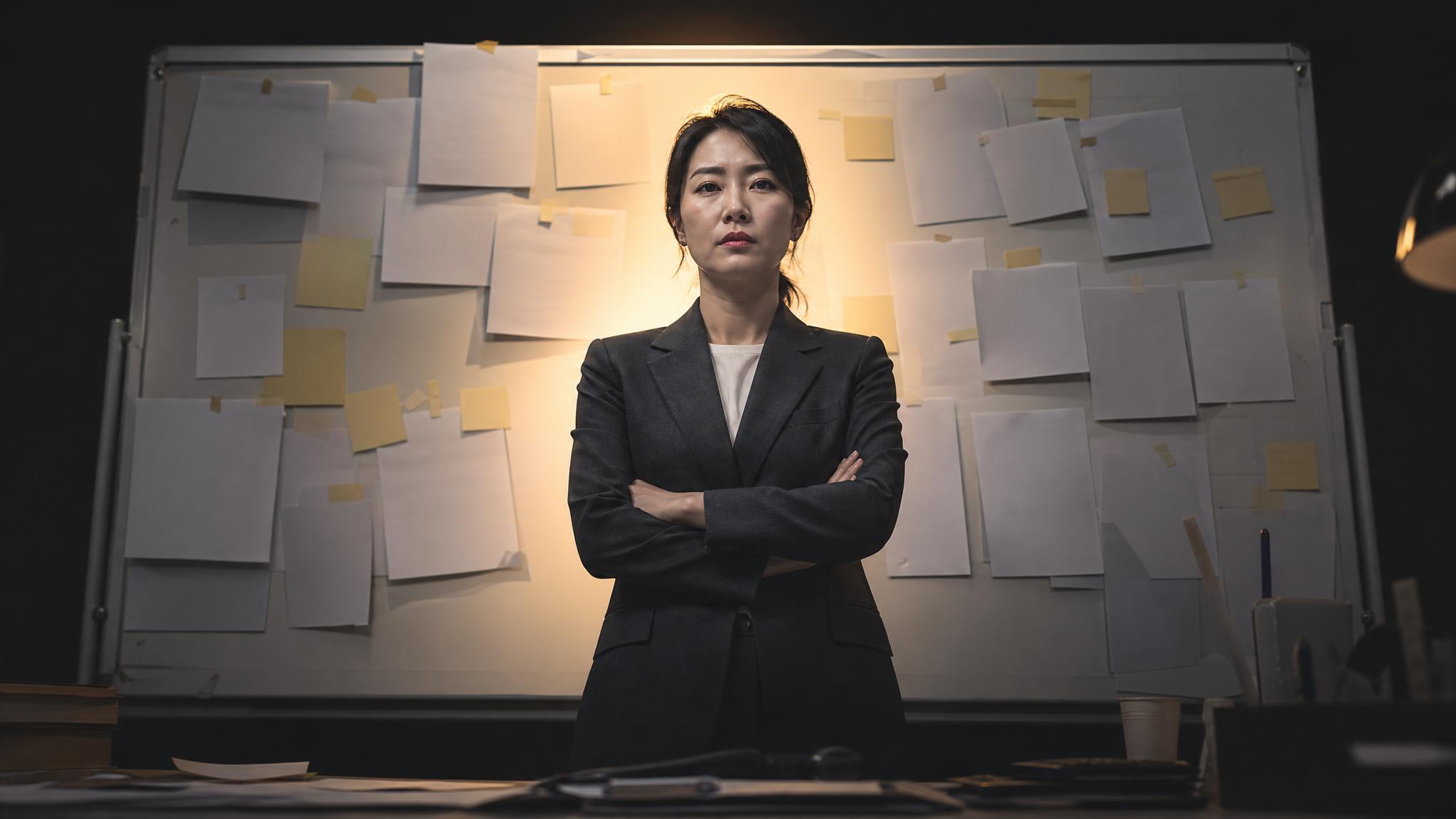 Photorealistic editorial magazine cover photograph: a Korean businesswoman in a sharp charcoal blazer stands centered at a cluttered whiteboard covered in printed papers and sticky notes, all blank, h