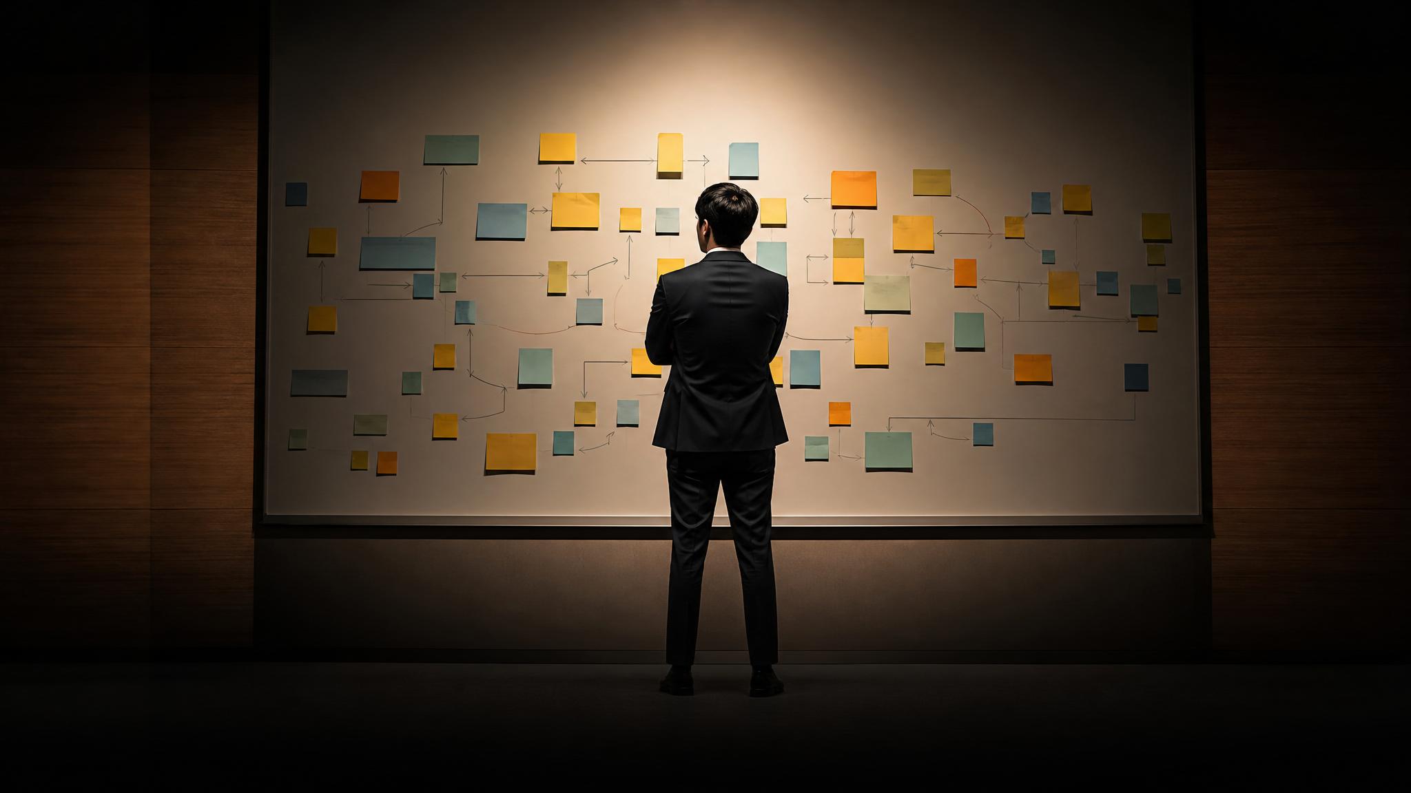 Photorealistic editorial magazine cover photograph: a lone Korean businessman in a dark suit stands centered at a massive whiteboard covered in sticky notes and arrows, a single warm tungsten spotligh
