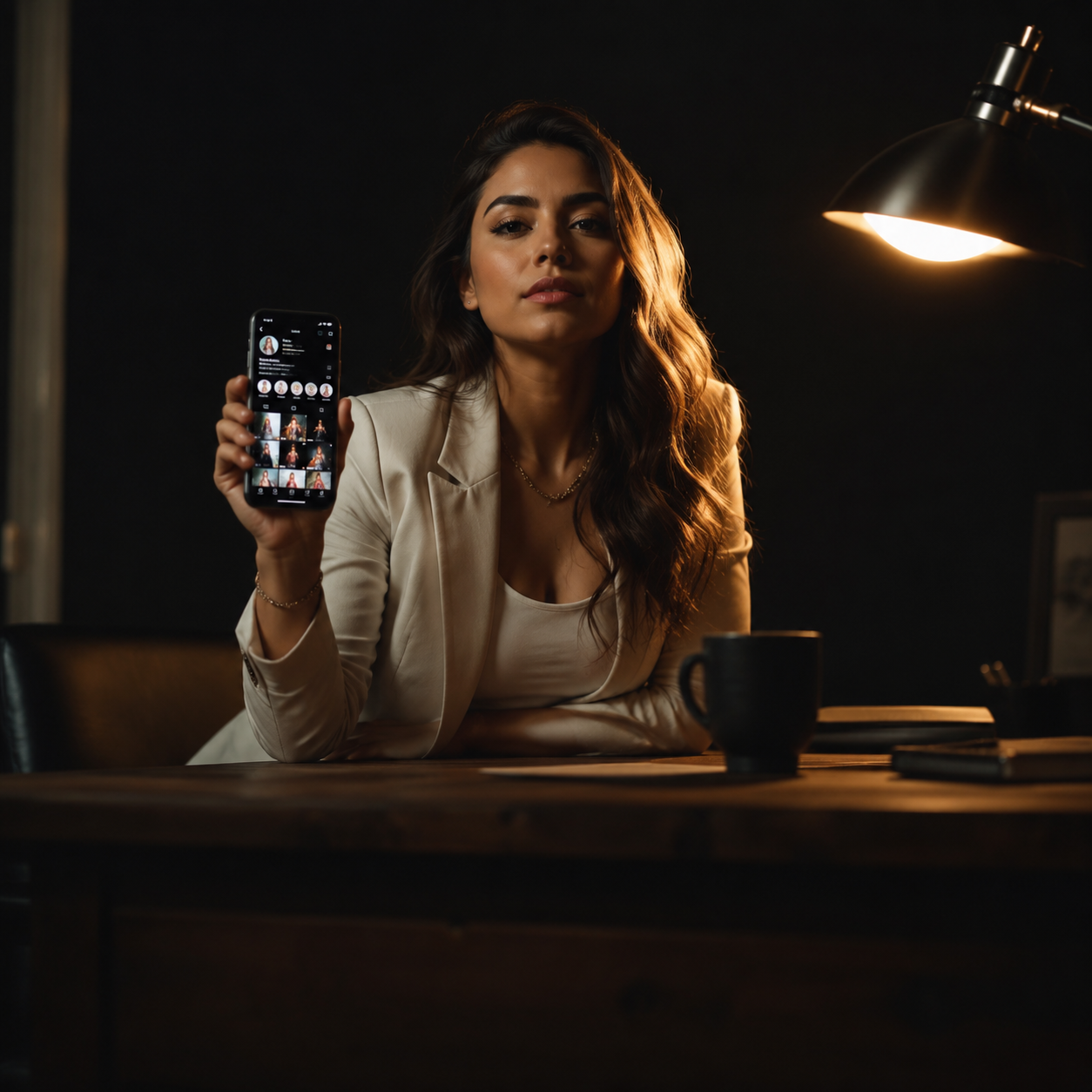 Photorealistic editorial magazine cover photograph: a young Brazilian woman entrepreneur centered at a wooden desk, phone in hand displaying a glowing Instagram profile screen, hard warm tungsten lamp