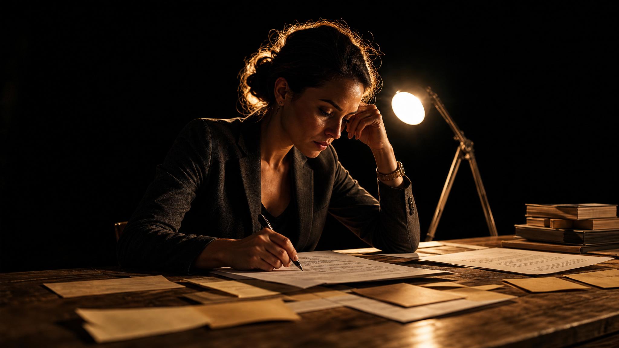 Photorealistic editorial magazine cover photograph: a focused professional woman seated alone at a wide wooden desk covered in printed keyword research sheets and sticky notes, centered low-angle hero