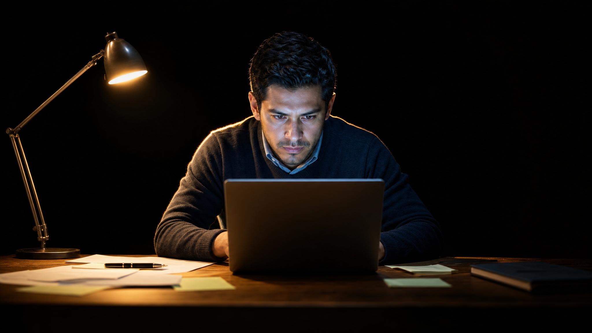 Photorealistic editorial magazine cover photograph: a Latino male consultant in his 30s seated low-angle center frame at a raw wood desk, five browser tabs open on a single laptop, warm tungsten desk