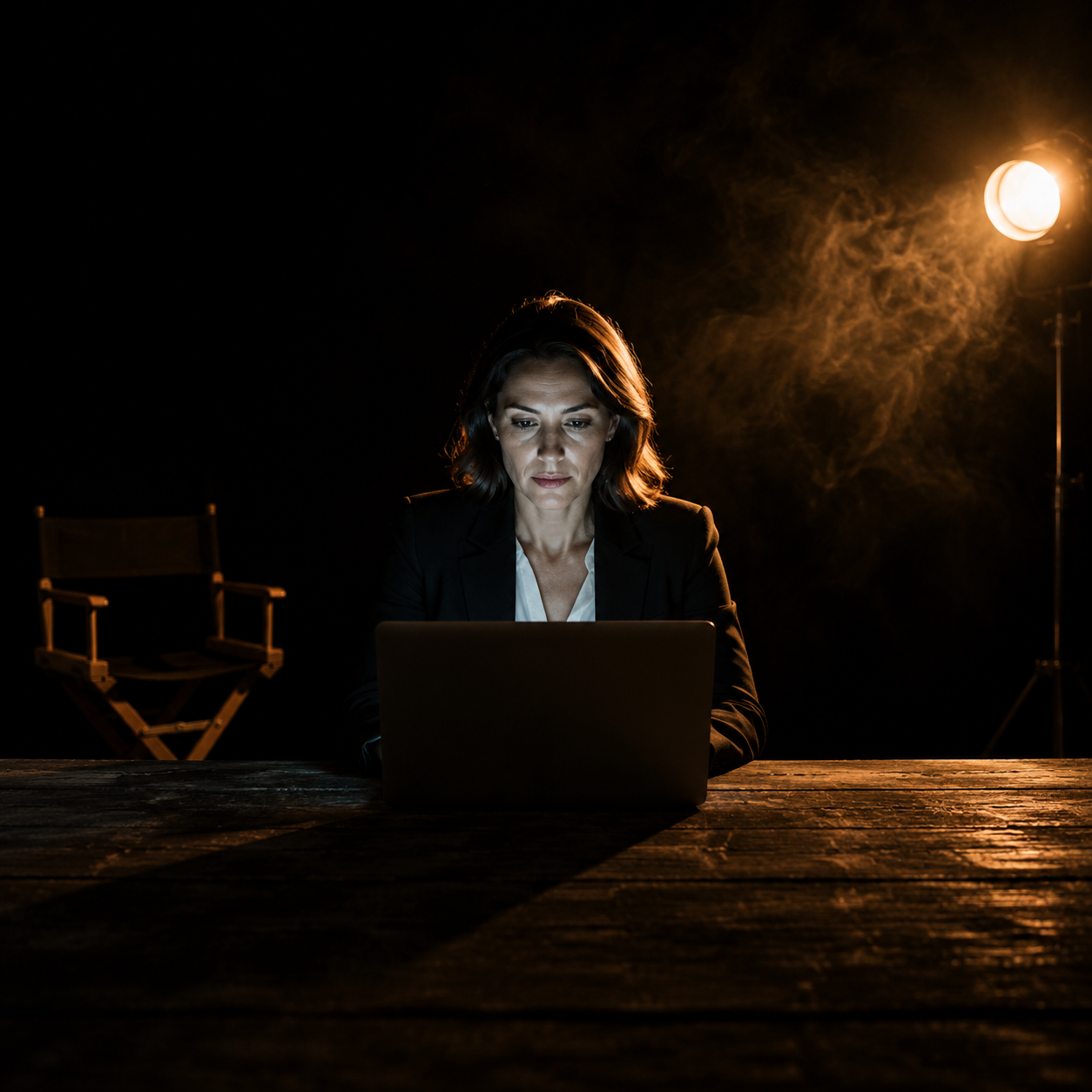 Photorealistic editorial magazine cover photograph: a lone professional woman centered at a minimal desk, a single warm tungsten lamp casting hard rim light across her jaw and shoulder, her eyes locke