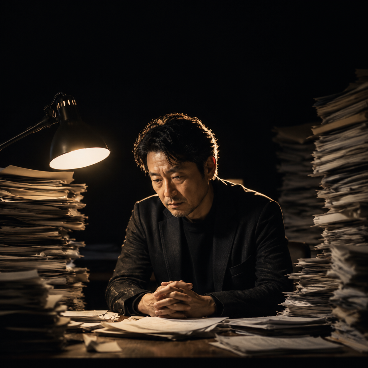 Photorealistic editorial magazine cover photograph: a Japanese male entrepreneur in his 40s seated alone at a cluttered wooden desk, surrounded by stacks of printed articles nobody reads, a single war