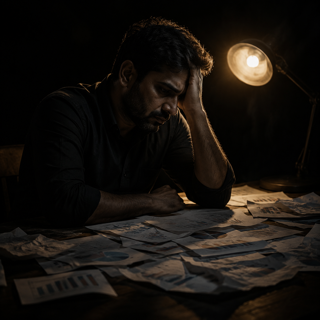 Photorealistic editorial magazine cover photograph: a frustrated Indian small business owner in his late 30s seated alone at a cluttered wooden desk, surrounded by scattered printed blog posts and ign